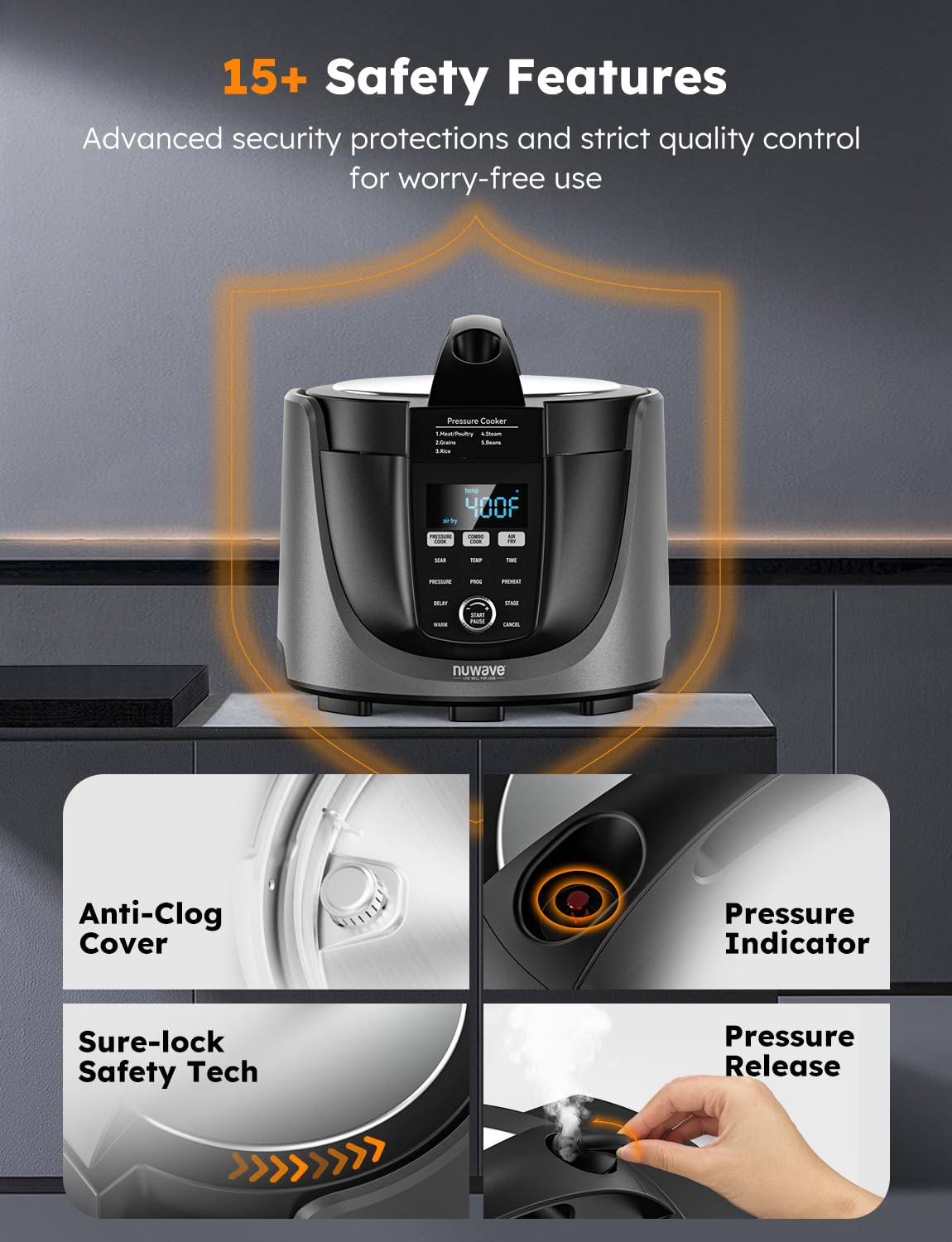 Nuwave Duet Air Fryer & Electric Pressure Cooker Combo - 540-in-1 Multicooker with 2 Removable Lids, Slow Cook, Sear, Sauté Functions - 18/10 Stainless Steel Pot & 9 Deluxe Accessories - Perfect for Healthy Cooking, Meal Prep & Family Dinners