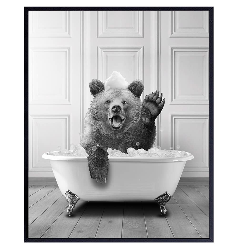 Funny Bear Wall Art Decor - Cute Modern Bathroom Sign for Women & Kids - Unique Powder Room & Restroom Wall Decor - Perfect for Bathroom, Nursery & Playroom