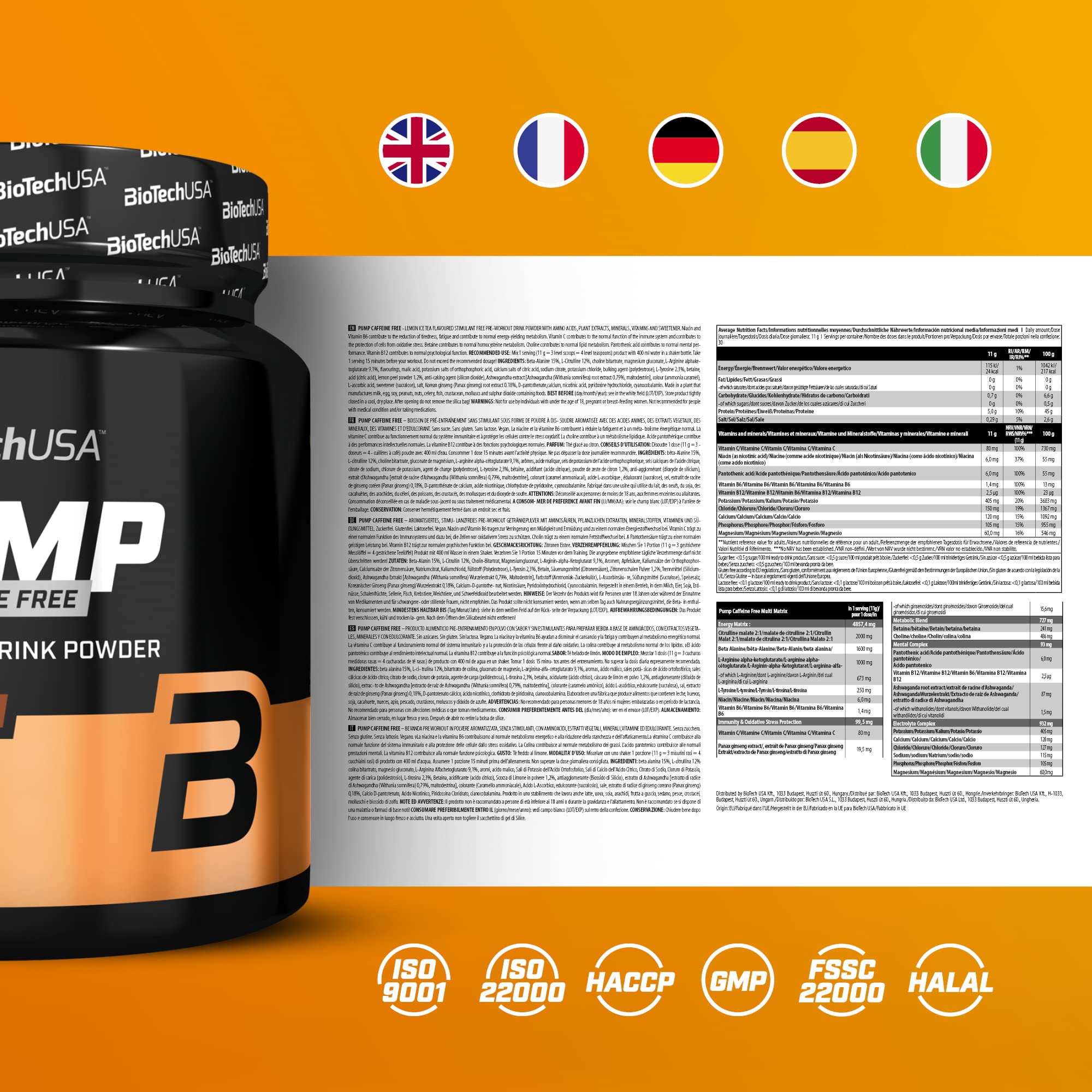 BioTechUSA Pump Caffeine Free Pre-Workout Powder - Lemon Ice Tea Flavor, 330g | Boost Energy & Performance for Gym, Fitness & Bodybuilding | Vegan & Gluten Free Supplement