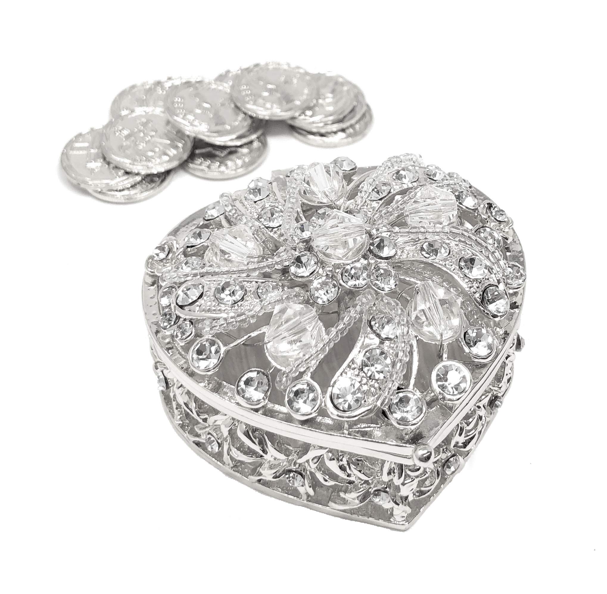 CB Accessories Wedding Unity Coins - Arras de Boda - Heart Shaped Box with Decorative Rhinestone Crystals 78 (Silver) - Perfect for Wedding Ceremonies and Anniversary Gifts