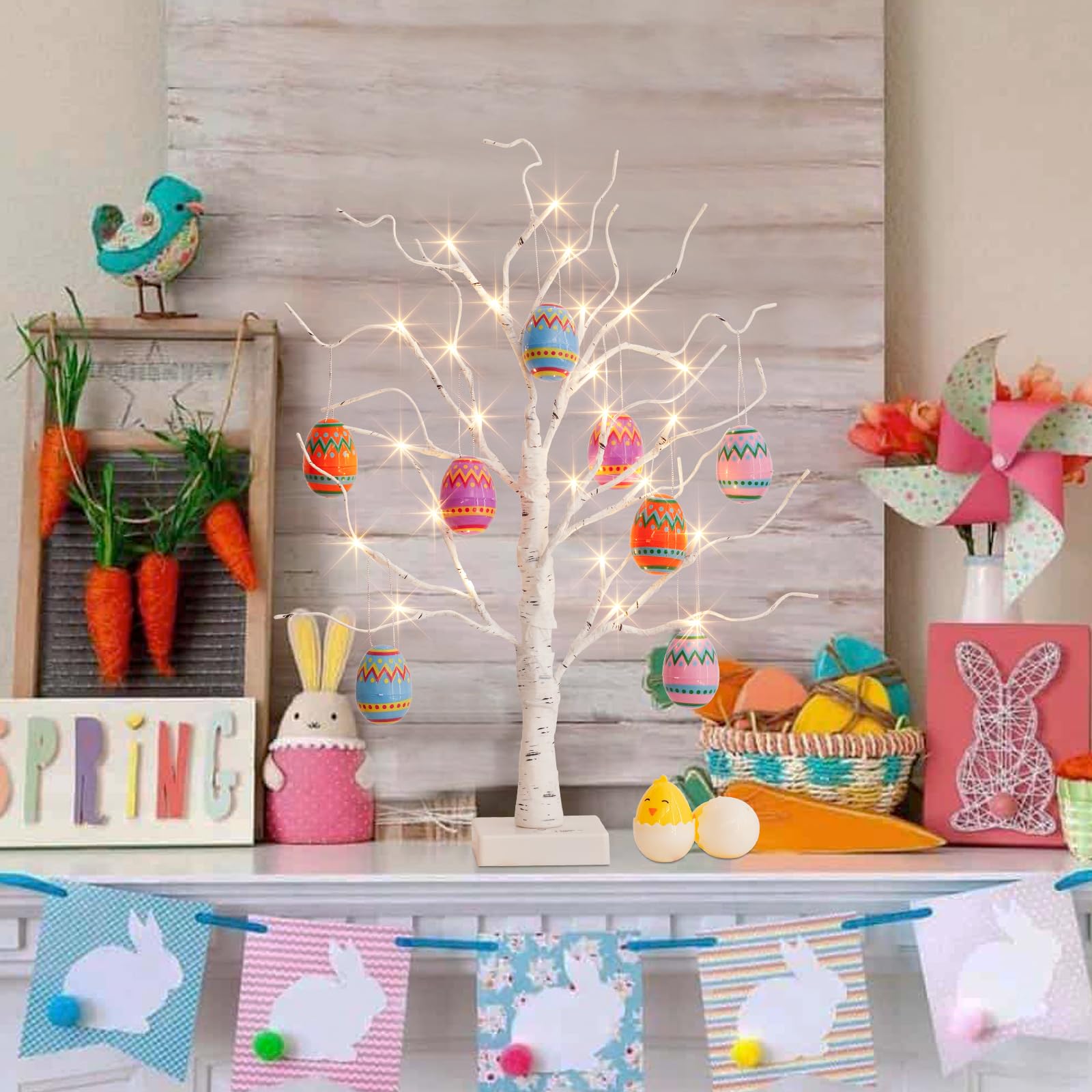 2FT 24LT Battery Powered Easter Egg Tree with Timer - Pre-lit White Birch Easter Decorations for Home, Party & Spring - Indoor/Outdoor Holiday Decor for Easter Celebrations, Garden & Living Room