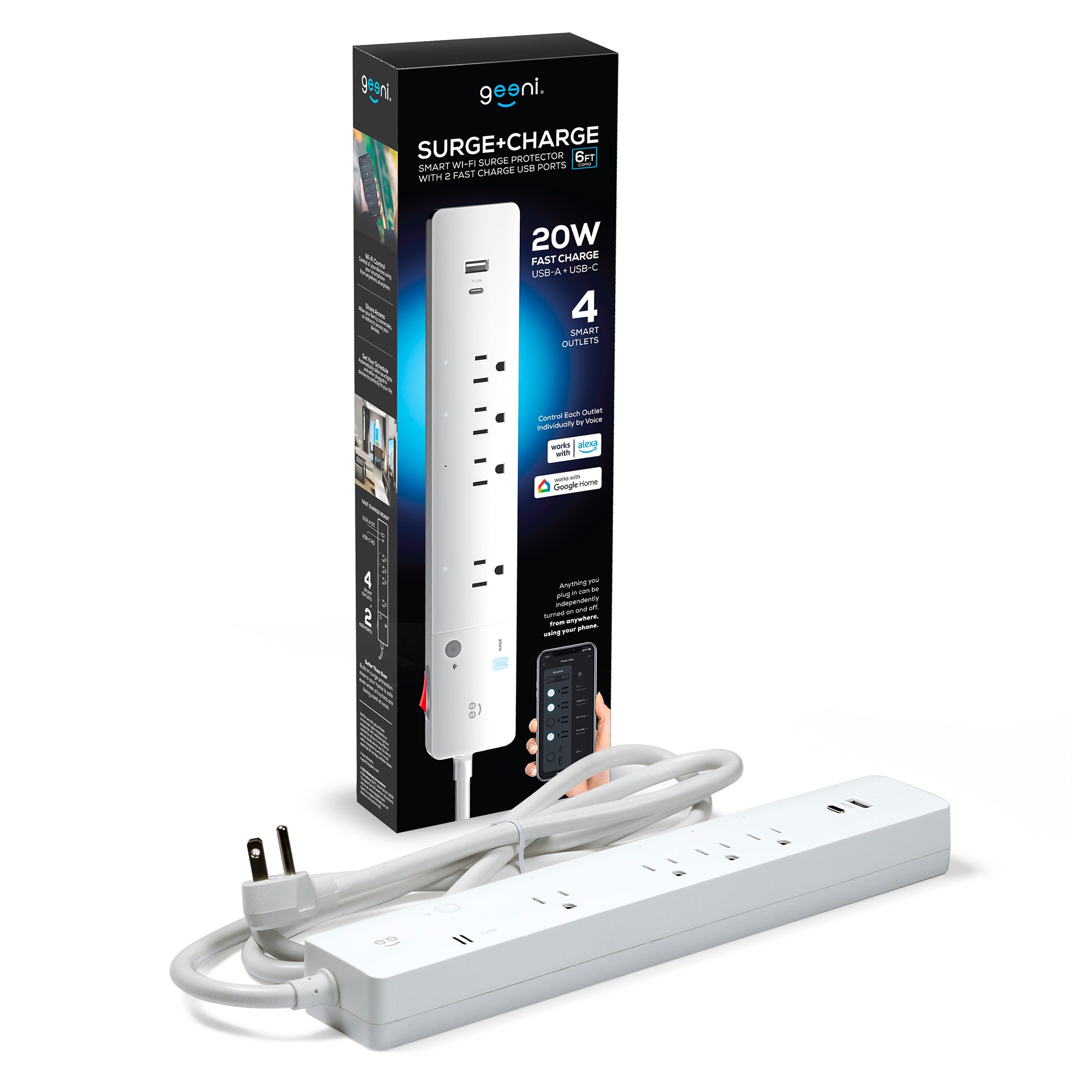 Geeni Smart Power Strip with 4 Outlets & 2 USB Ports - Multi Plug Extension Cord for Home, Office, Bedroom - Charge Phones, Laptops & Small Appliances