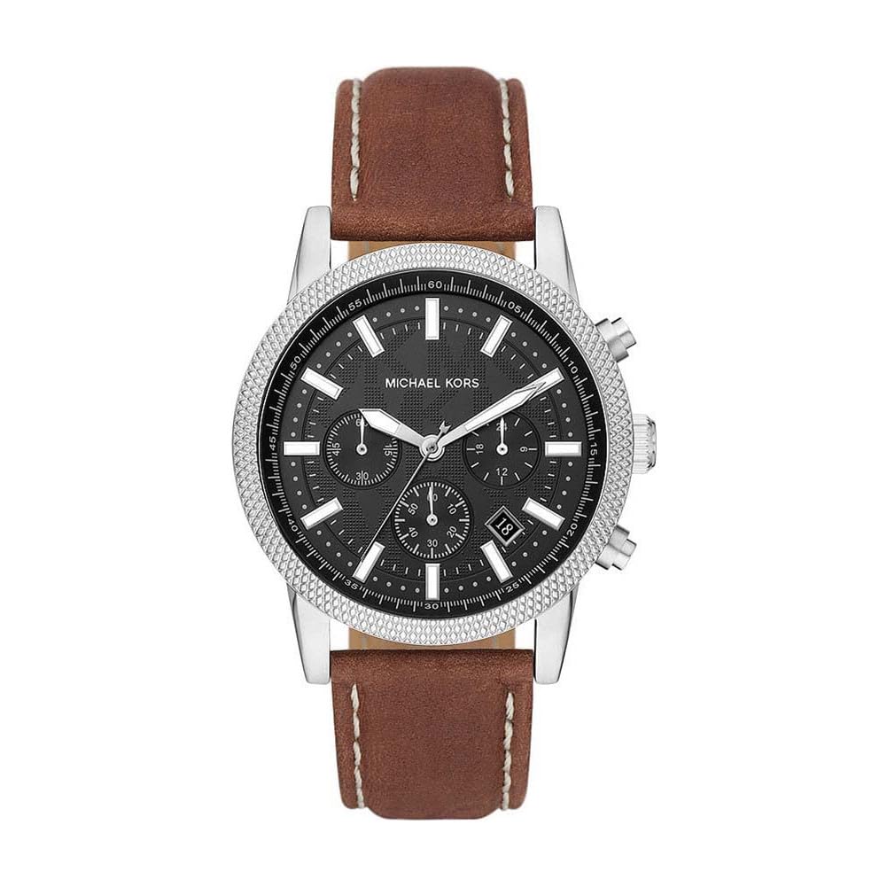 Michael Kors Men's Hutton Chronograph Stainless Steel Watch with Leather Strap - 43mm Case, Water Resistant, Luxury Dress Watch for Business, Casual & Formal Occasions