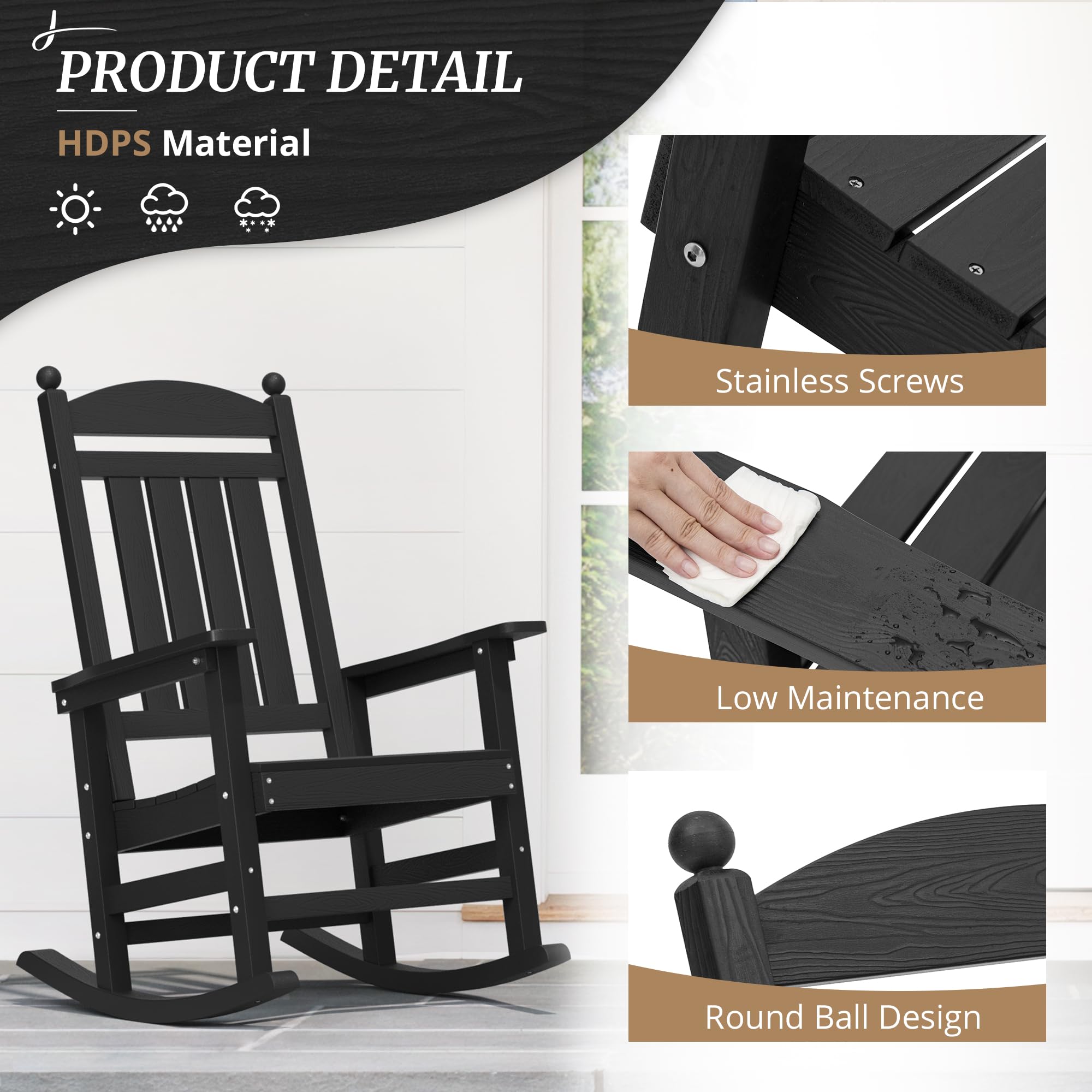 2-Pack All-Weather Outdoor Rocking Chairs - Heavy Duty 350Lbs Capacity HDPS Composite High-Back Porch Rockers for Patio, Garden, Backyard & Indoor Use - Perfect for Relaxing, Reading & Sunbathing (Black)