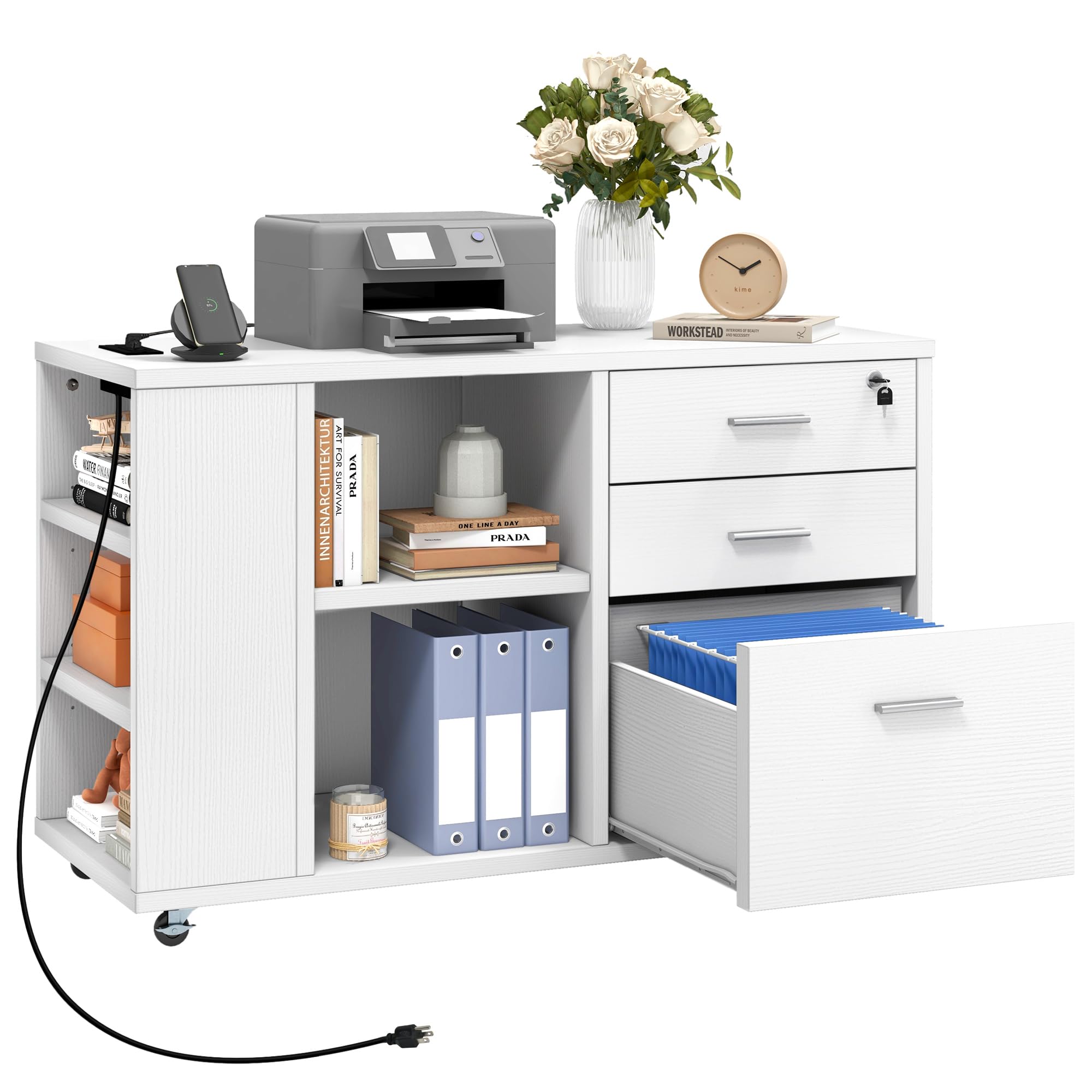 DWVO 3-Drawer Mobile File Cabinet with Lock - White Office Storage Organizer, Printer Stand with Charging Station for Home & Workspace - Perfect for Document Filing, Office Supplies Storage & Workspace Organization