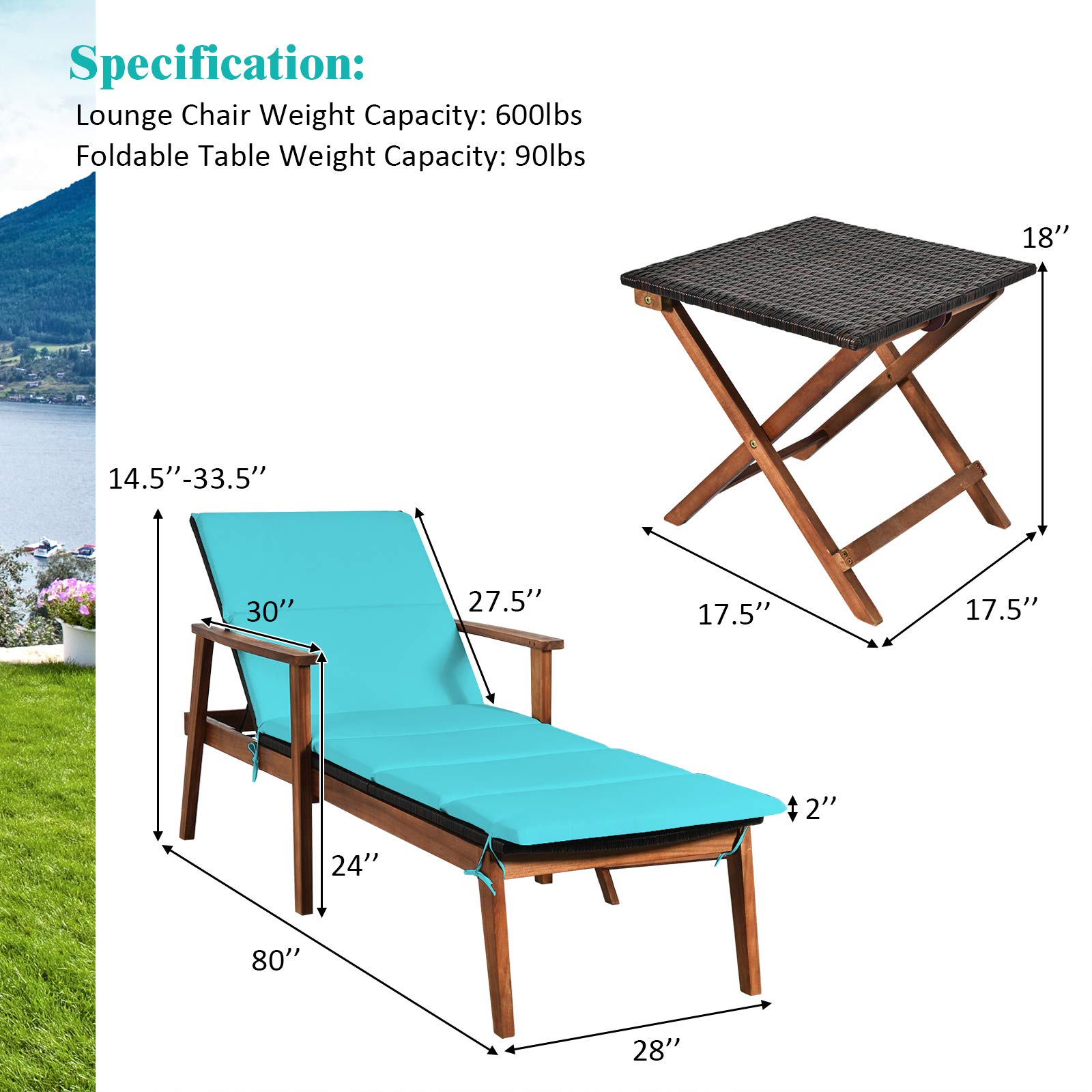 Tangkula 3-Piece Patio Chaise Lounge Set - Acacia Wood Outdoor Reclining Chairs with Adjustable Back (4 Positions), Folding Side Table & Cushions - Rattan Furniture for Poolside, Backyard, Garden, or Beach (Turquoise)
