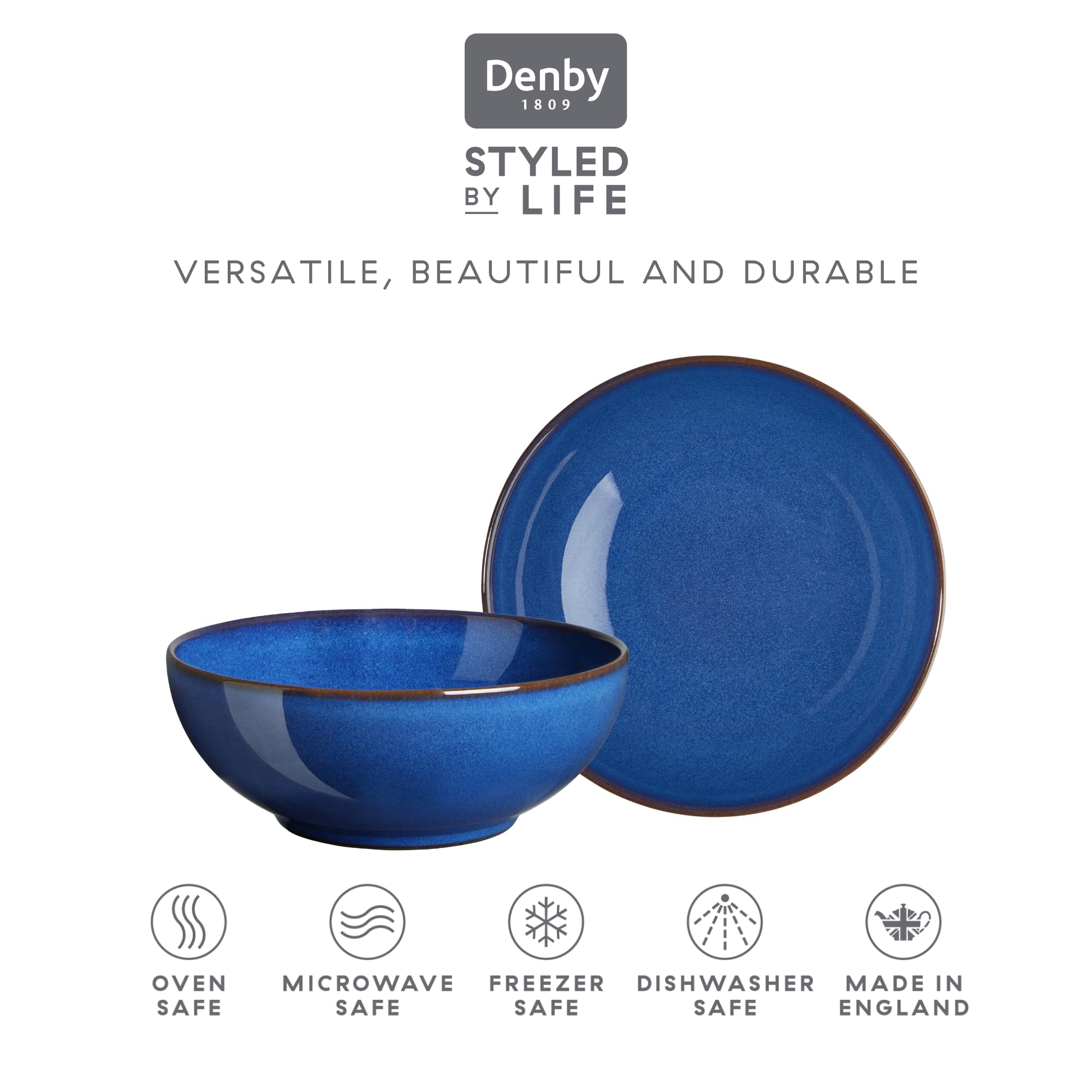 Denby Imperial Blue 2-Piece Coupe Cereal Bowl Set - Elegant Stoneware Breakfast Bowls for Cereal, Soup & Dessert | Perfect for Home Dining & Entertaining