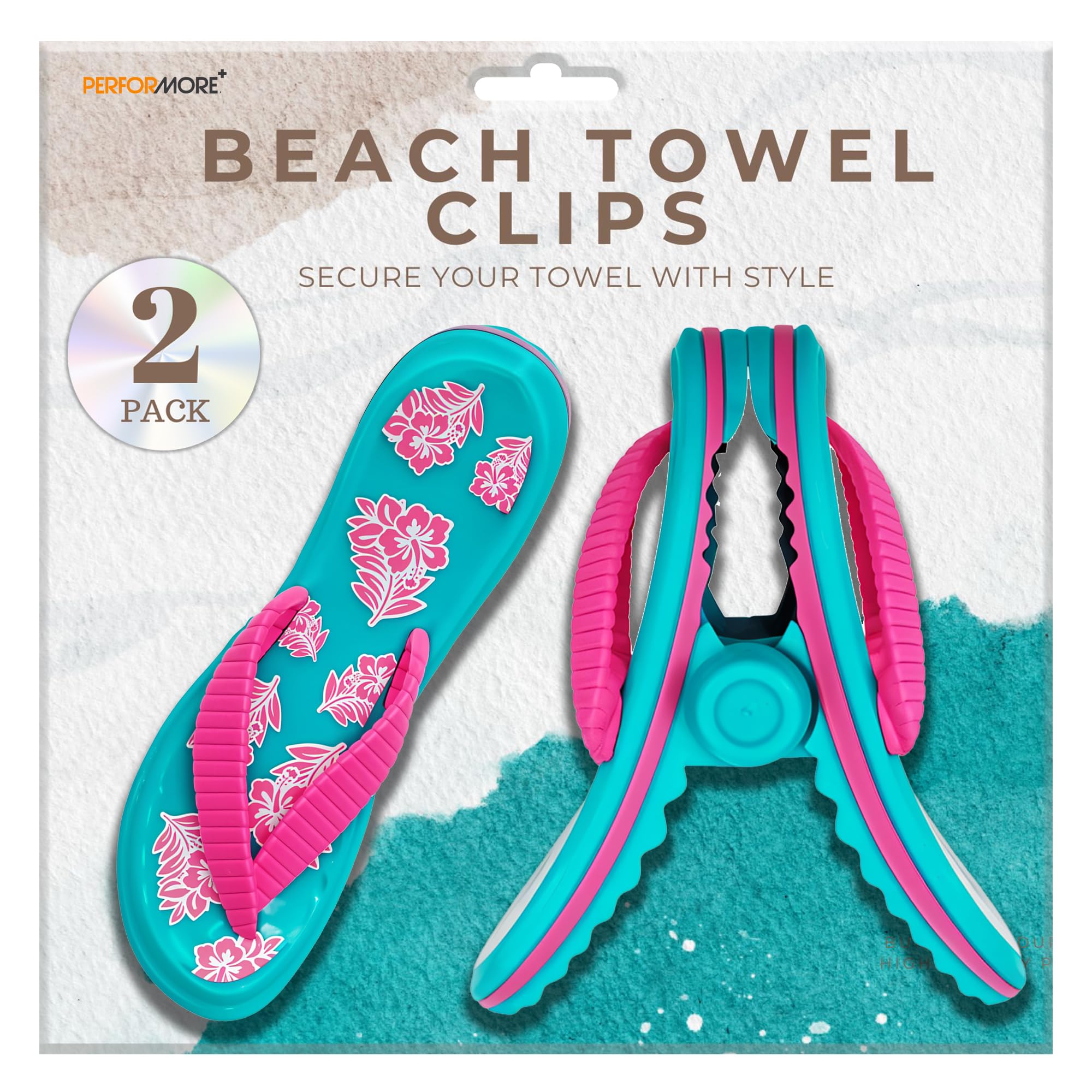 PERFORMORE Flip Flop Beach Towel Clips (Pink Strap) - 2 Pack Portable Towel Holder for Beach, Pool, Boat & Cruise - Secure Towel Clips for Lounge Chairs, Deck & Patio Accessories - Perfect for Sunbathing, Swimming & Outdoor Relaxation