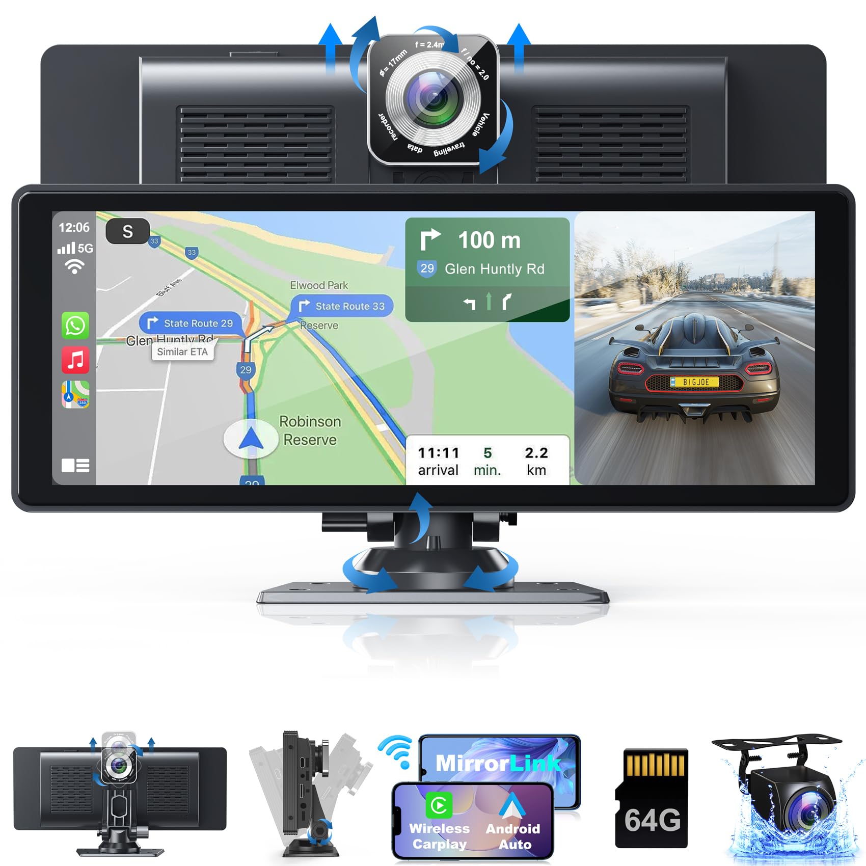 10.26 Inch Wireless CarPlay Screen for Car - Portable Car Stereo with 4K Dash Cam & Rear Camera Support, Android Auto/AirPlay/Bluetooth/Voice Control/GPS/AUX - IPS Touchscreen with 64GB TF Card - Perfect for Road Trips & Daily Commuting