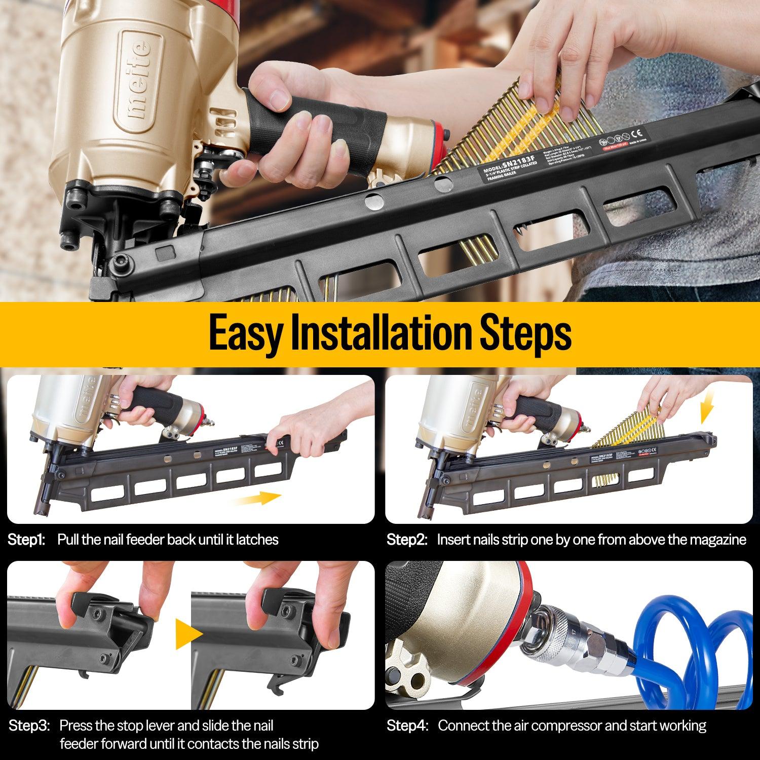 21 Degree Round Head Plastic Collated Strip Framing Nailer - 2 to 3-1/4 Inch Nail Length (Model SN2183F) - Perfect for Framing, Roofing, and Deck Building Projects