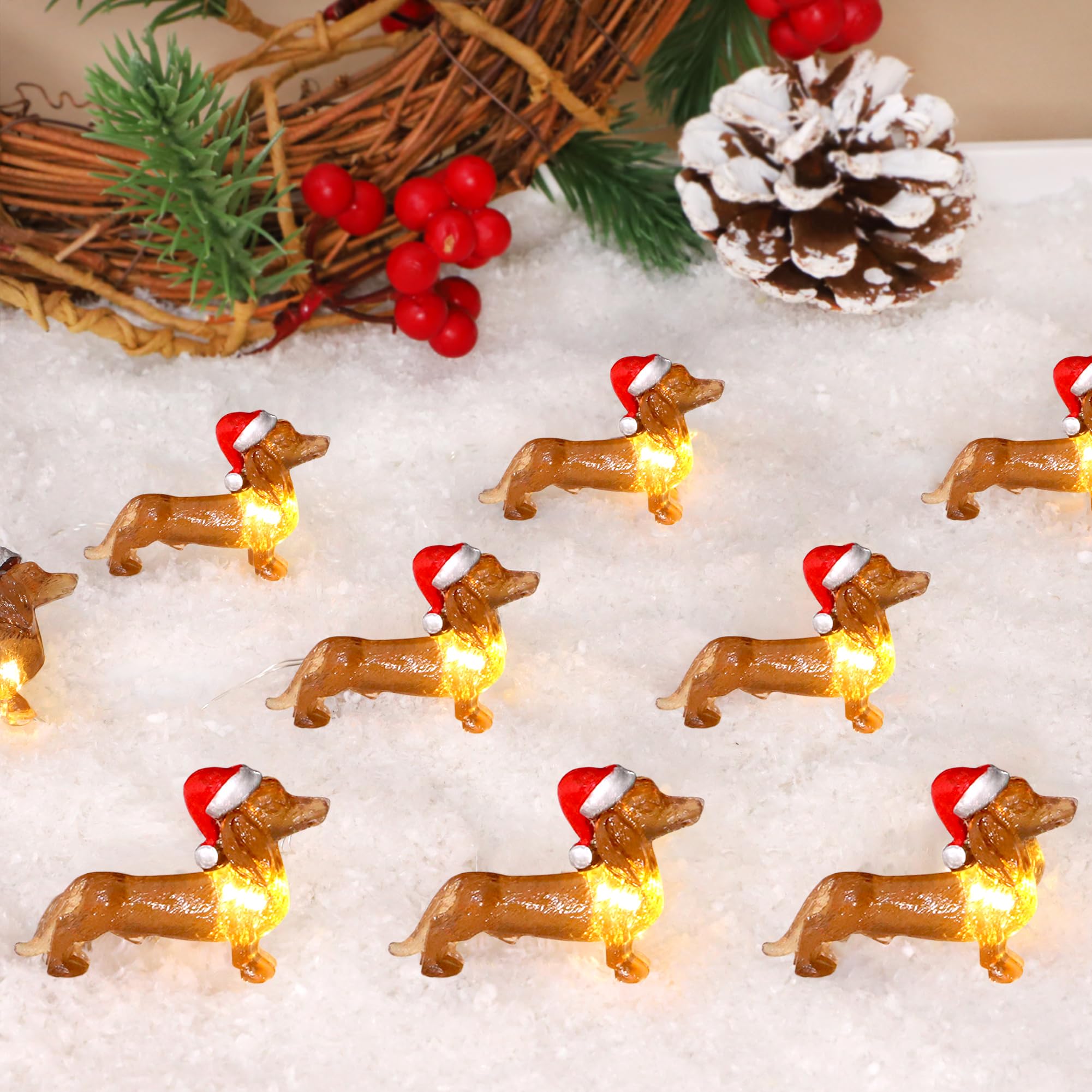 Dachshund Dog Twinkle String Lights - 10ft 30 LED USB/Battery Powered Christmas Lights with Remote Control | Dachshunds in Santa Hats for Holiday Party, Home & Indoor Decor | Perfect for Christmas Tree, Fireplace Mantel, Bedroom & Window Decorations