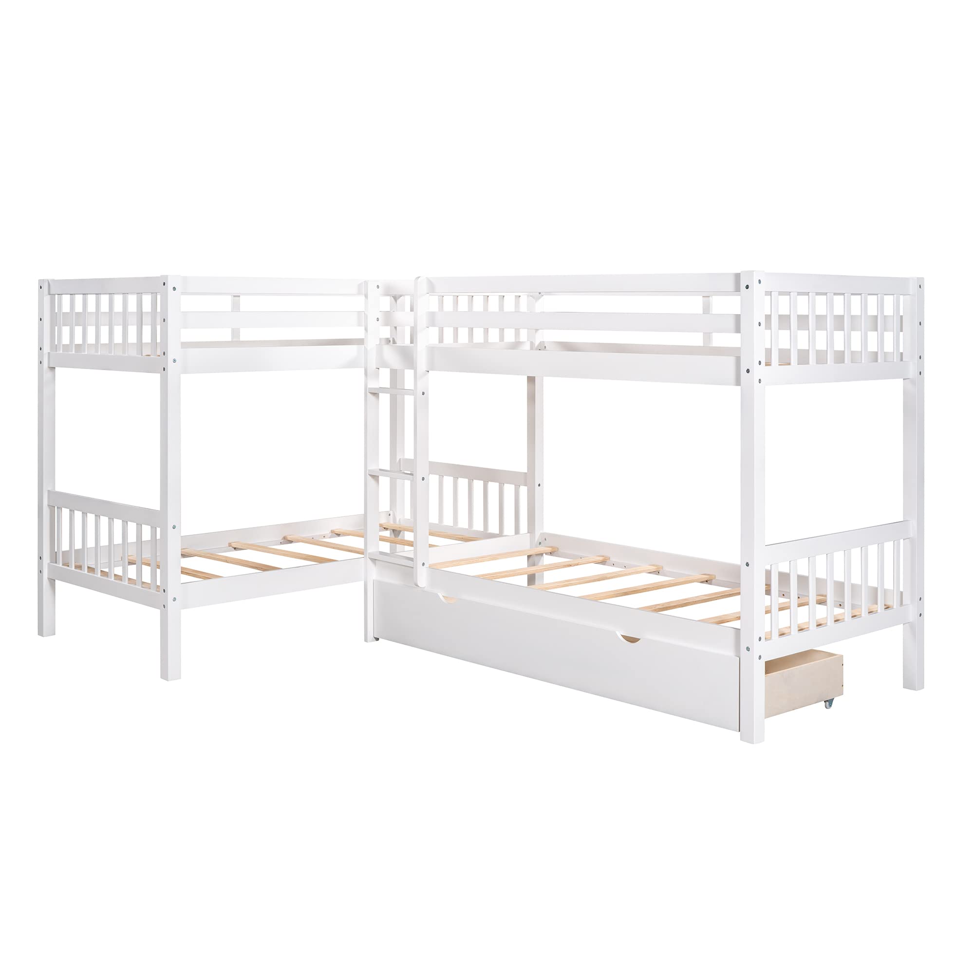 L-Shaped Twin Over Twin Bunk Bed with Storage Drawers - Solid Wood Bunk Bed Frame, No Box Spring Required - Perfect for Kids' Bedroom, Guest Room & Small Spaces (White)