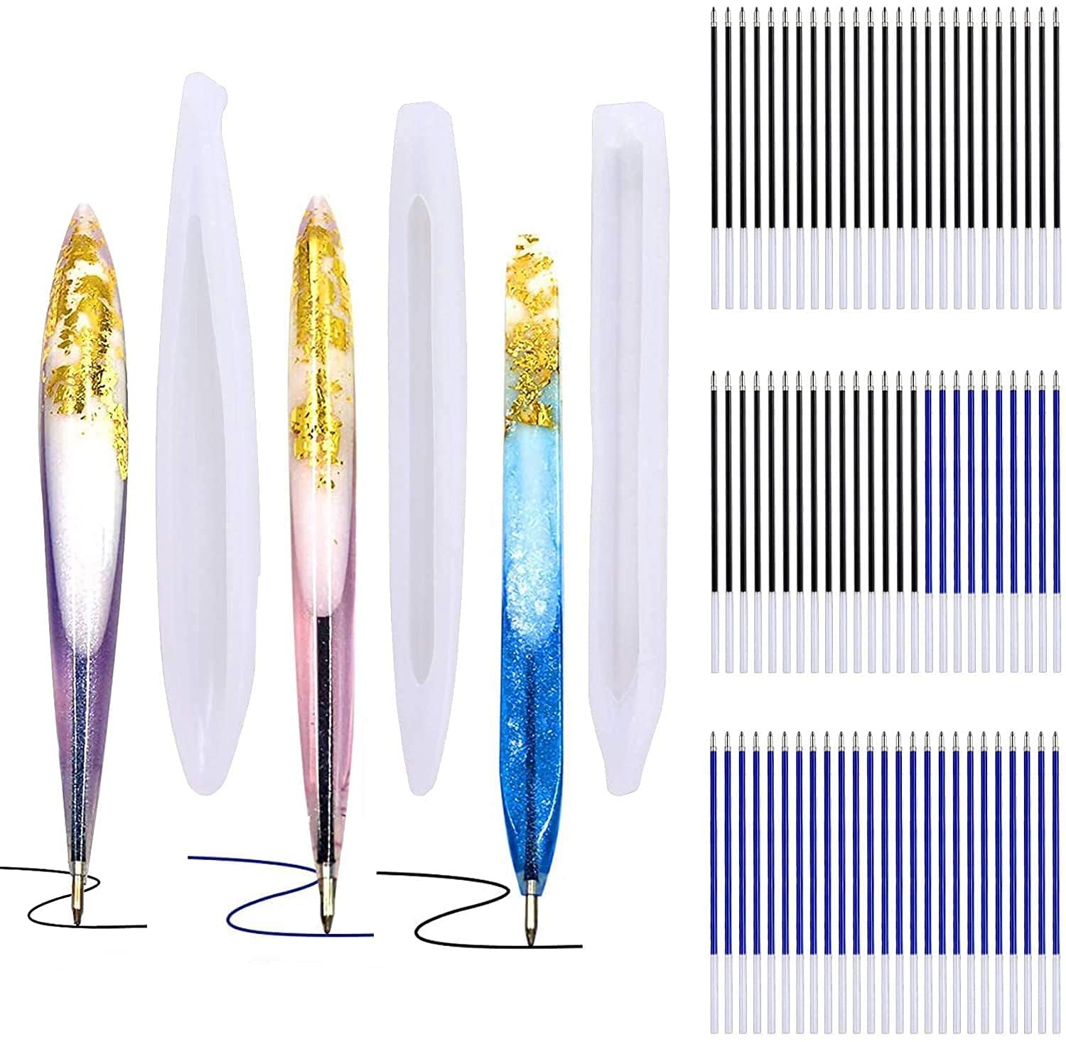 JANYUN 3-Piece Ballpoint Pen Silicone Molds Set for DIY Resin Crafts - Epoxy Resin Casting Molds with 75 Refills (Black & Blue) - Perfect for Handmade Pens, Jewelry Making, and Creative Gift Ideas