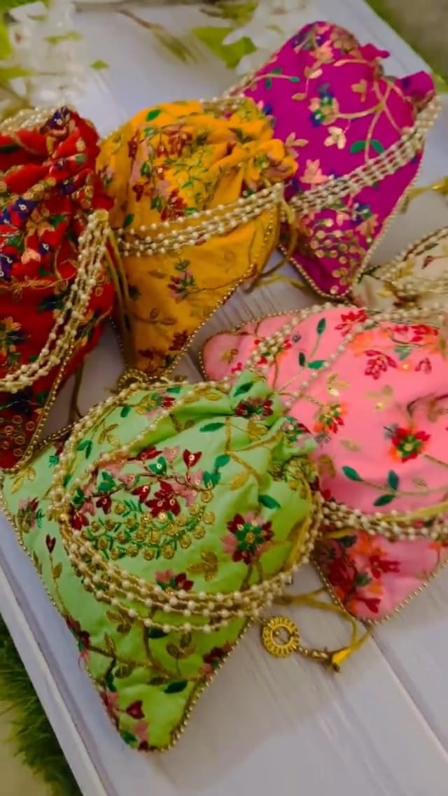 IGH Embroidered Silk Pouch Bag - Designer Women's Potli Clutch Purse with Handle for Festivals, Weddings & Special Occasions | Perfect Gift for Women, Brides & Party Accessories