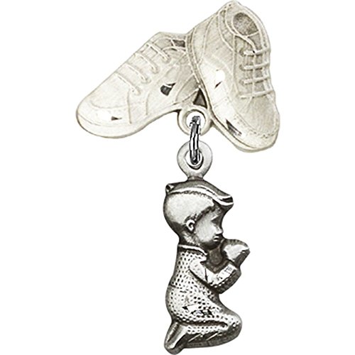 1 1/4 X 5/8 Inch Sterling Silver Baby Badge with Praying Boy Charm & Baby Boots Pin - Perfect for Christening Gifts, Baby Showers & Keepsake Jewelry