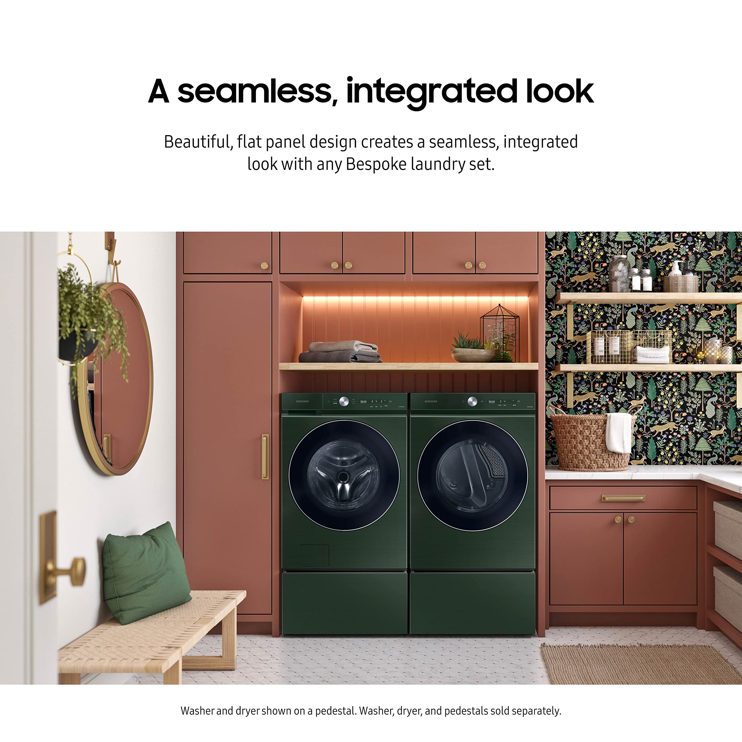 Samsung 27-Inch Bespoke Front Load Washer Dryer Pedestal Stand with Pull-Out Laundry Storage Drawer - WE502NG in Forest Green | Perfect for Laundry Room Organization & Space Saving