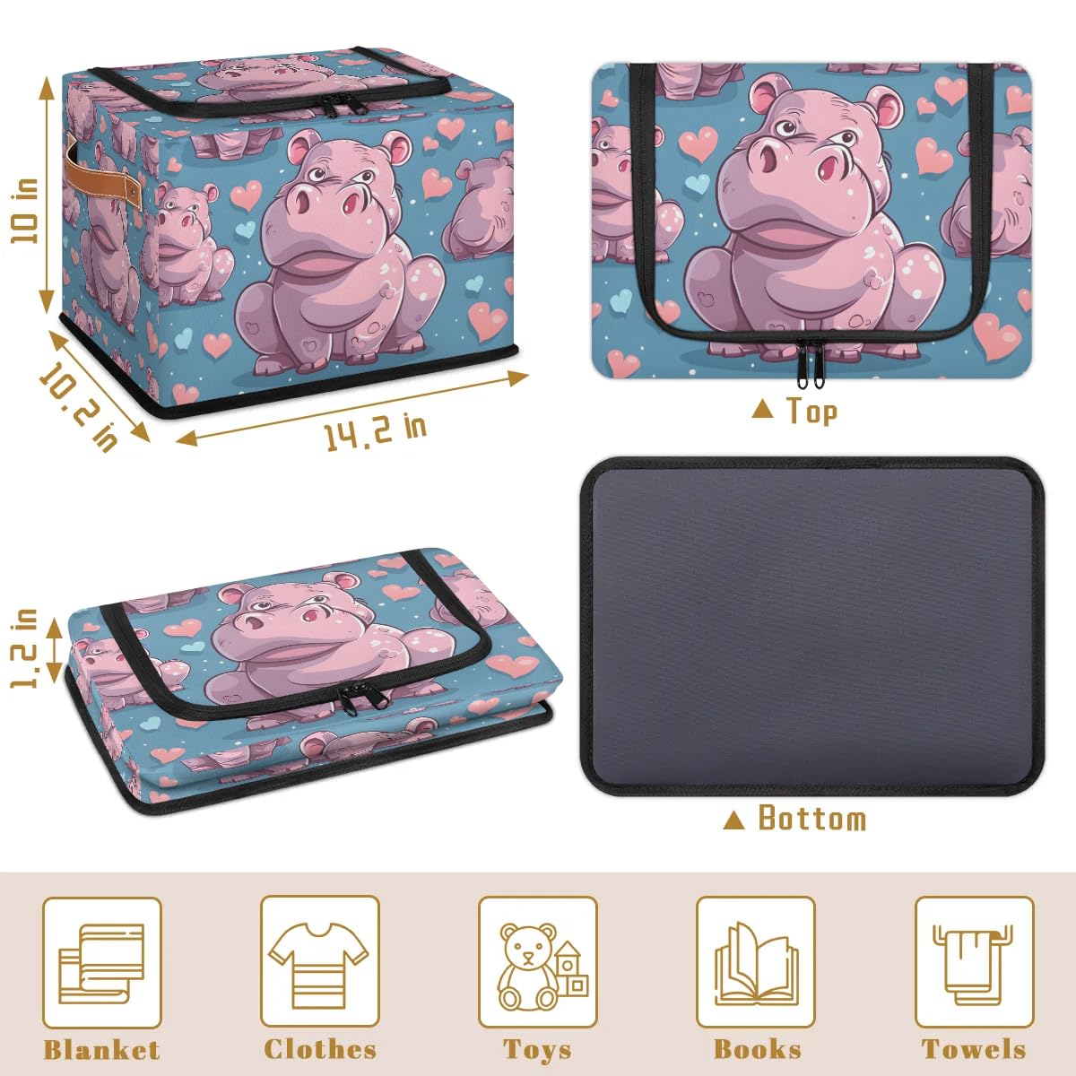 Pink Heart Hippo Storage Bins with Zipper Lid - 2 Pack Stackable Closet Organizer Baskets with Metal Frame & PU Handles - Perfect for Clothes, Toys, and Home Organization