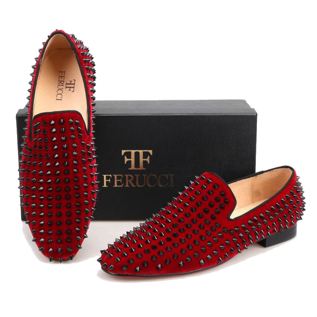 FERUCCI Men's Burgundy Velvet Loafers with Black Spikes - Comfortable House Slippers for Indoor/Outdoor Wear, Perfect for Lounge, Home, and Casual Occasions