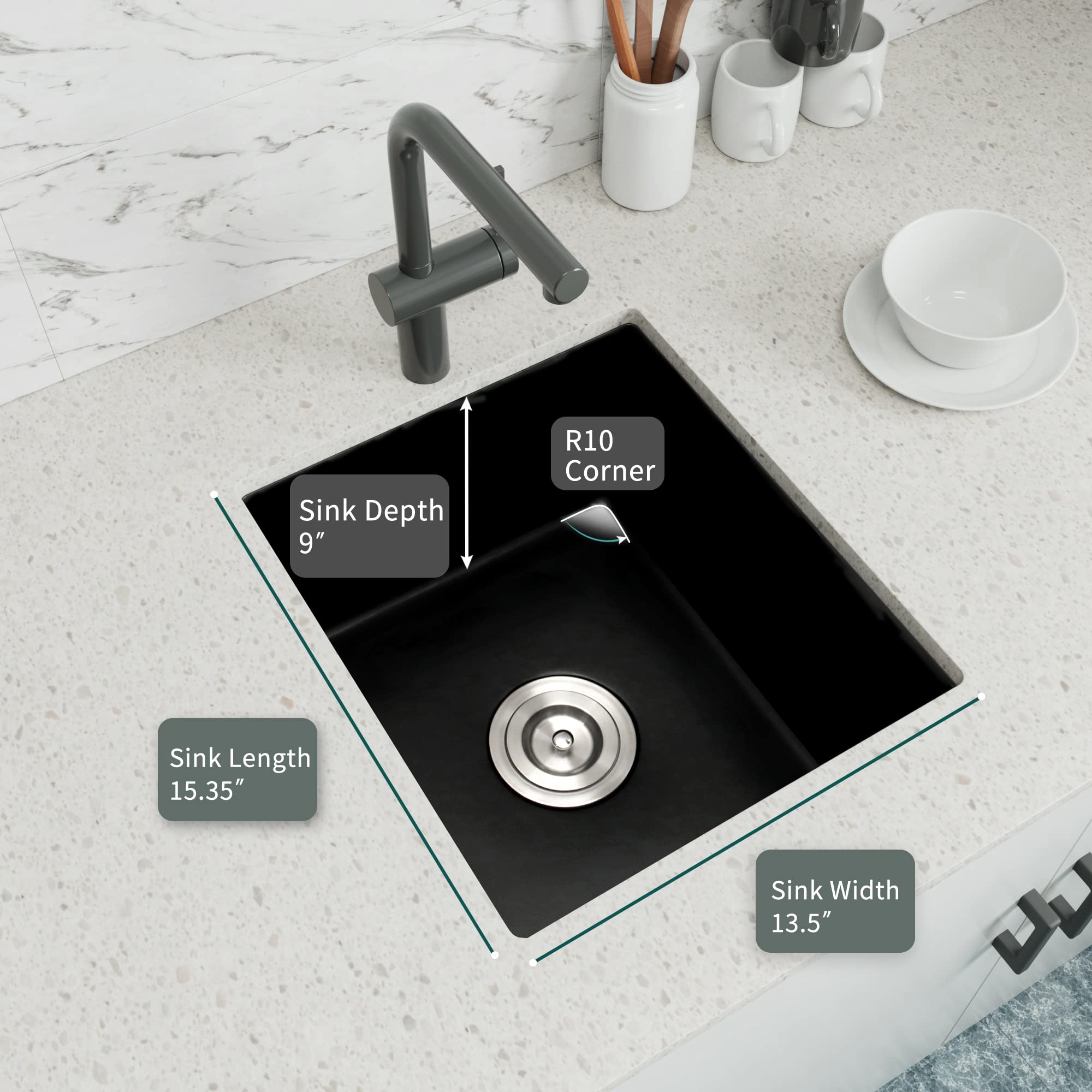 Black Granite Composite Undermount Bar Sink 15x17 Inch - Small RV Kitchen Sink for Tiny Homes, Campers & Outdoor Bars | Durable & Stylish Sink Solution