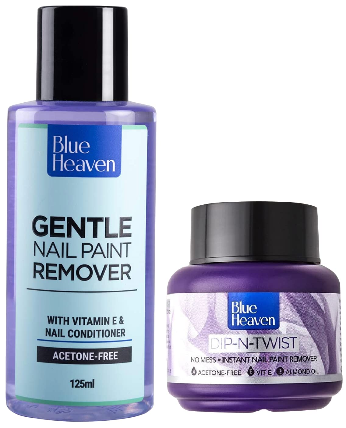Blue Heaven Gentle Nail Polish Remover 125ml & Dip & Twist Nail Polish Remover 40ml - Acetone-Free Formula for Home & Salon Nail Care