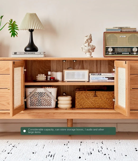 Modern Oak Solid Wood Rattan TV Stand with Storage - Entertainment Center for Living Room, Bedroom & Home Theater Setup