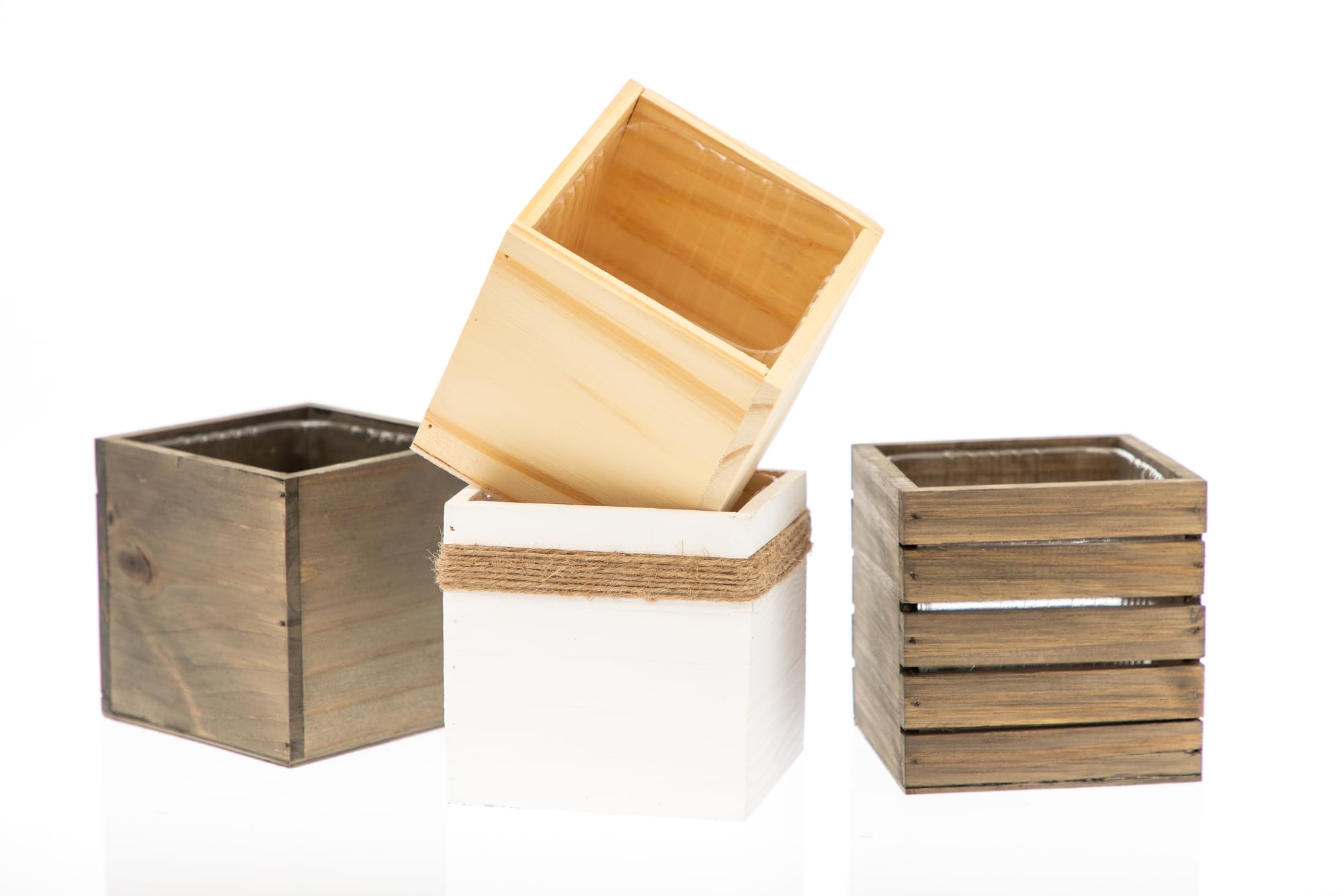 Premium Rose Wood Planter Box Set of 4 - 5x5 Inch Square with Plastic Liner - Elegant Garden Centerpiece, Wedding Flower Holder, Home & Venue Decor - Perfect for Indoor Plants, Succulents, Table Centerpieces and Outdoor Decorations