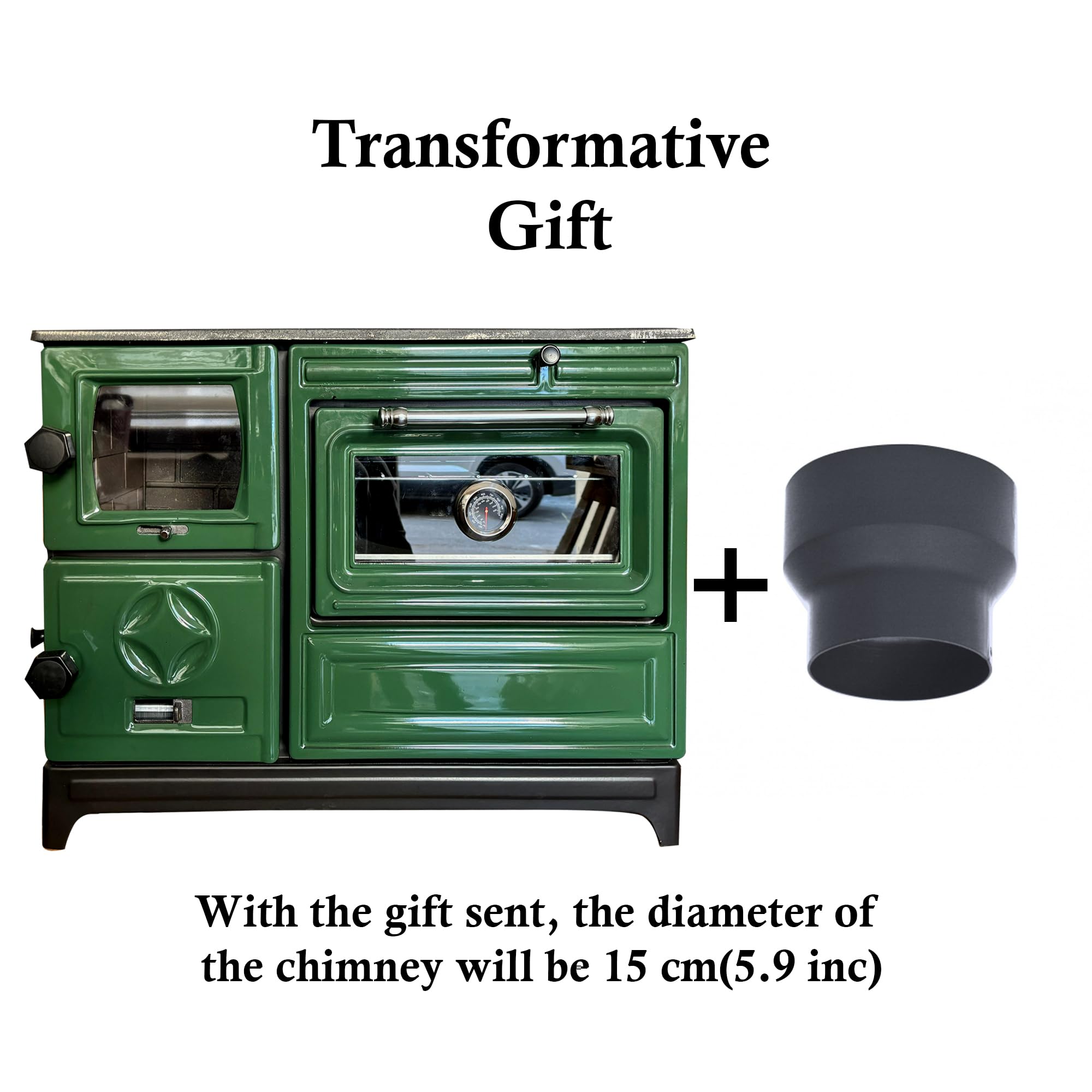 Vintage Green Cast Iron Wood Cook Stove with Oven - Efficient Wood Burning Stove Range for Kitchen & Cabin - Includes Built-in Thermometer - Perfect for Rustic Homes, Farmhouses & Off-Grid Living - Handcrafted in Turkey
