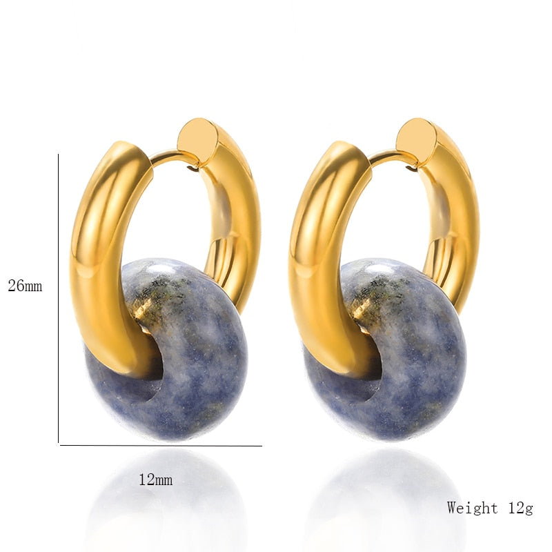 Natural White Stone Donut Chunky Hoop Earrings for Women - Round Beaded Hanging Dangle Earrings - Boho Travel Party Jewelry Gift - Perfect for Casual Wear, Festivals & Special Occasions
