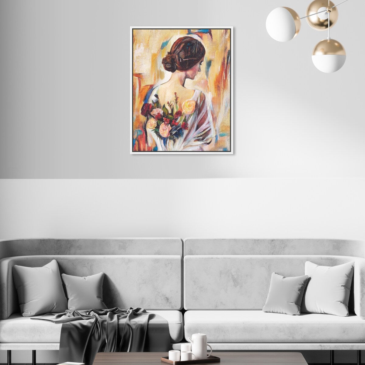 Modern White Framed Canvas Wall Art Print - Floral Back and Flowers Design for Women's Bedroom Decor | Perfect for Home, Living Room & Office Wall Decoration