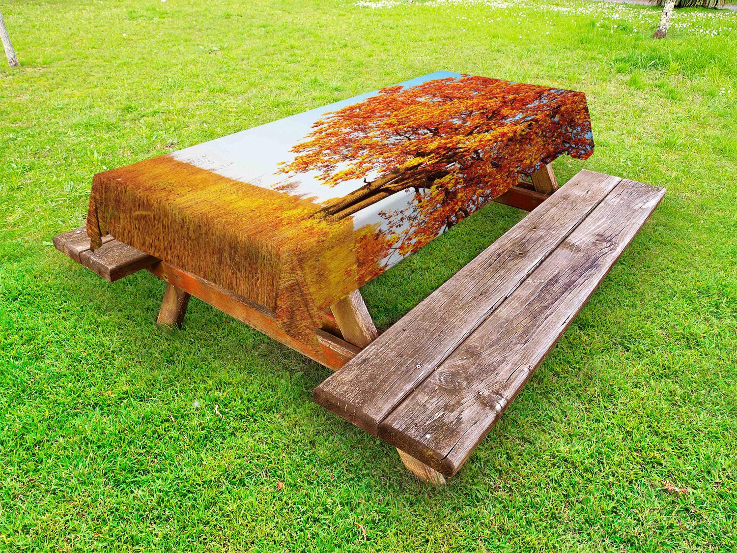 Ambesonne Autumn Outdoor Tablecloth - Lonely Oak Tree Grass Bushes Field Scenic Design, Washable Picnic Table Cover 58x104 Inches in Orange Yellow & Pale Blue - Perfect for Fall Gatherings, Thanksgiving Decor & Outdoor Dining