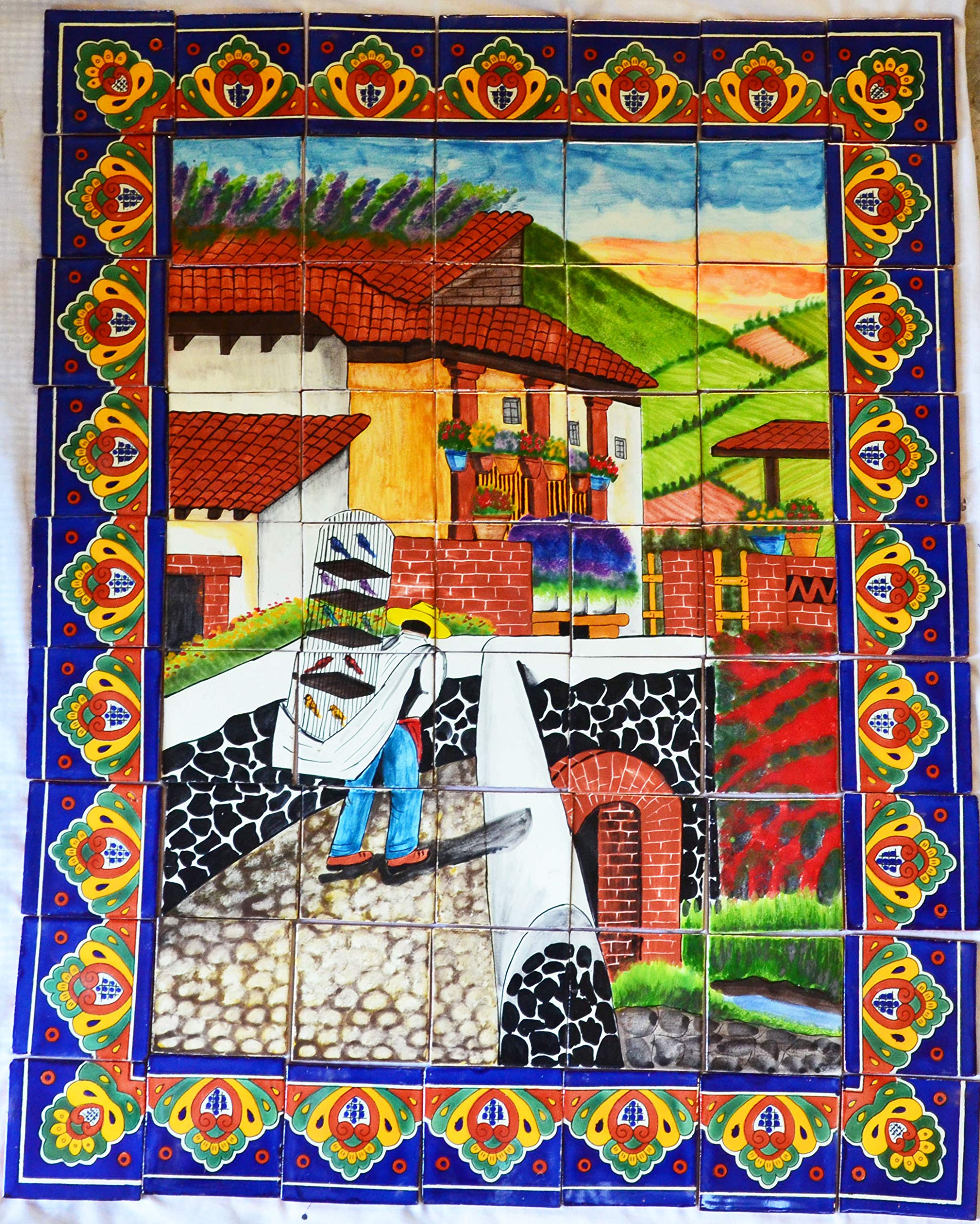 Handmade Mexican Talavera Mosaic Mural Tile - Colorful Traditional Man Selling Birds Design #06 - Perfect for Kitchen Backsplash, Bathroom Decor & Wall Art