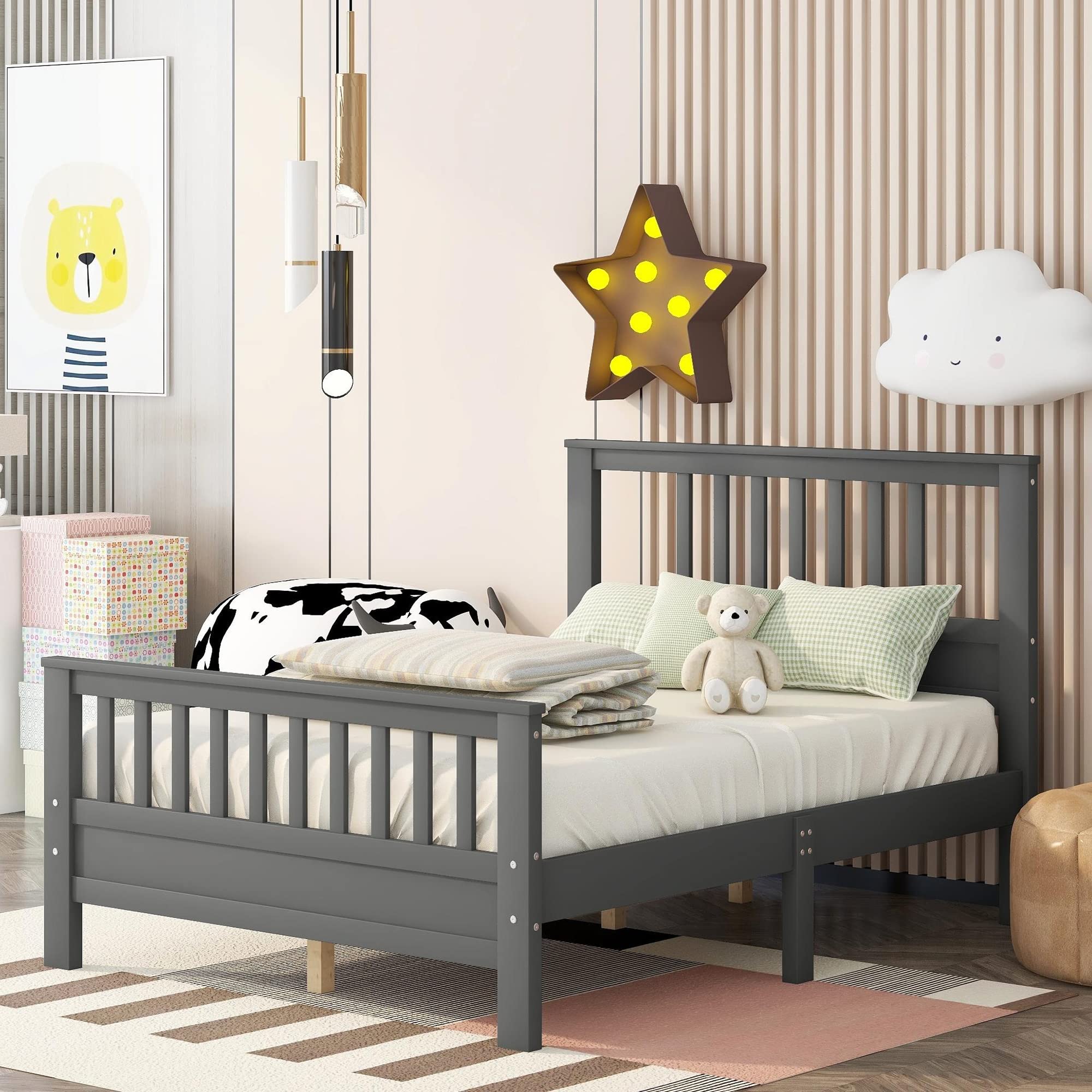 Full Size Wooden Platform Bed Frame with Headboard - Sturdy Grey Bed Frame for Kids & Teens, No Box Spring Needed - Perfect for Bedrooms, Dorms & Guest Rooms