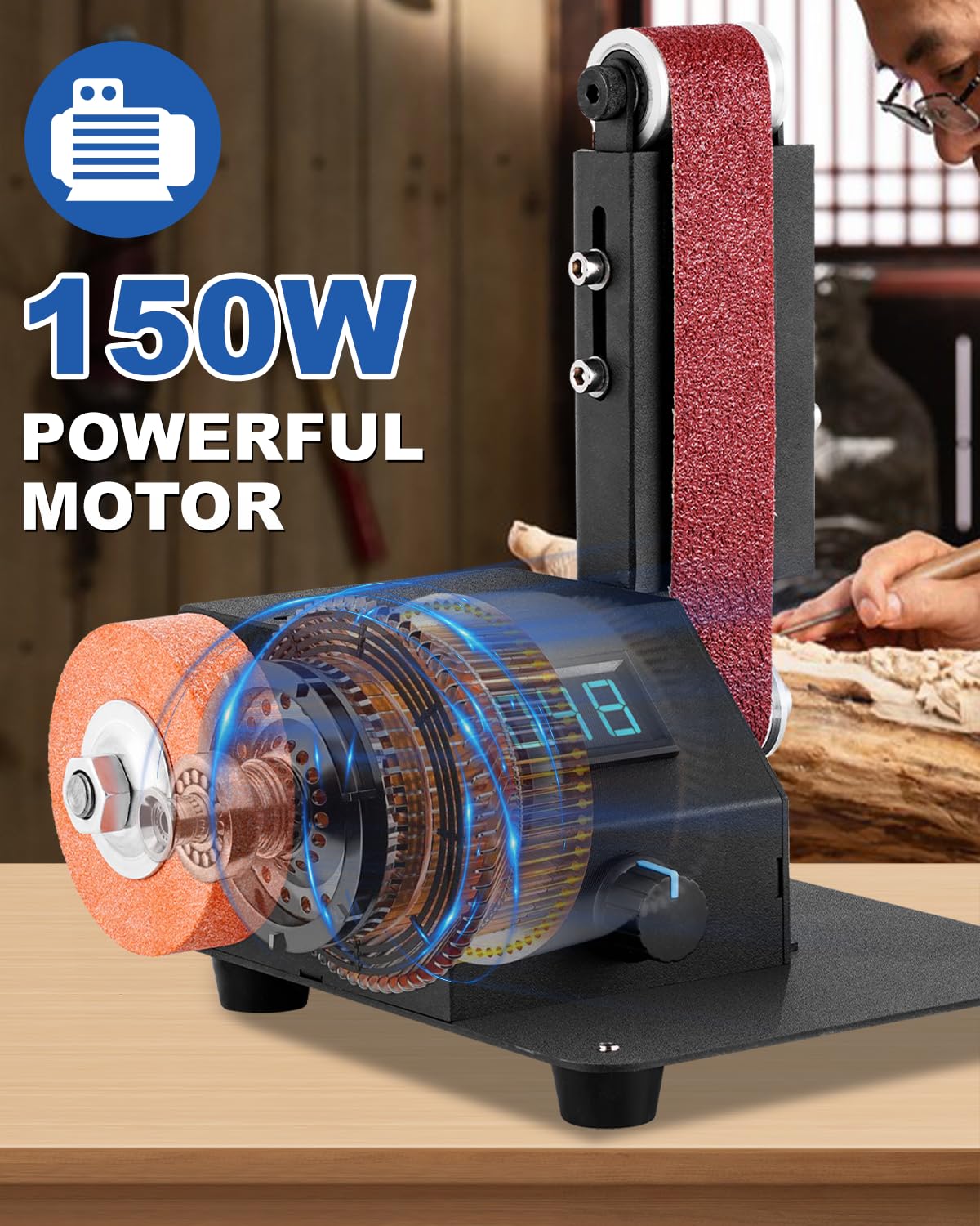 Electric Belt Sander 1.2x15in - Variable Speed Knife Sharpener & Wood/Metal Grinder with 15PCS Abrasive Belts - Perfect for DIY Knife Sharpening, Woodworking, Metal Polishing & Leather Crafting