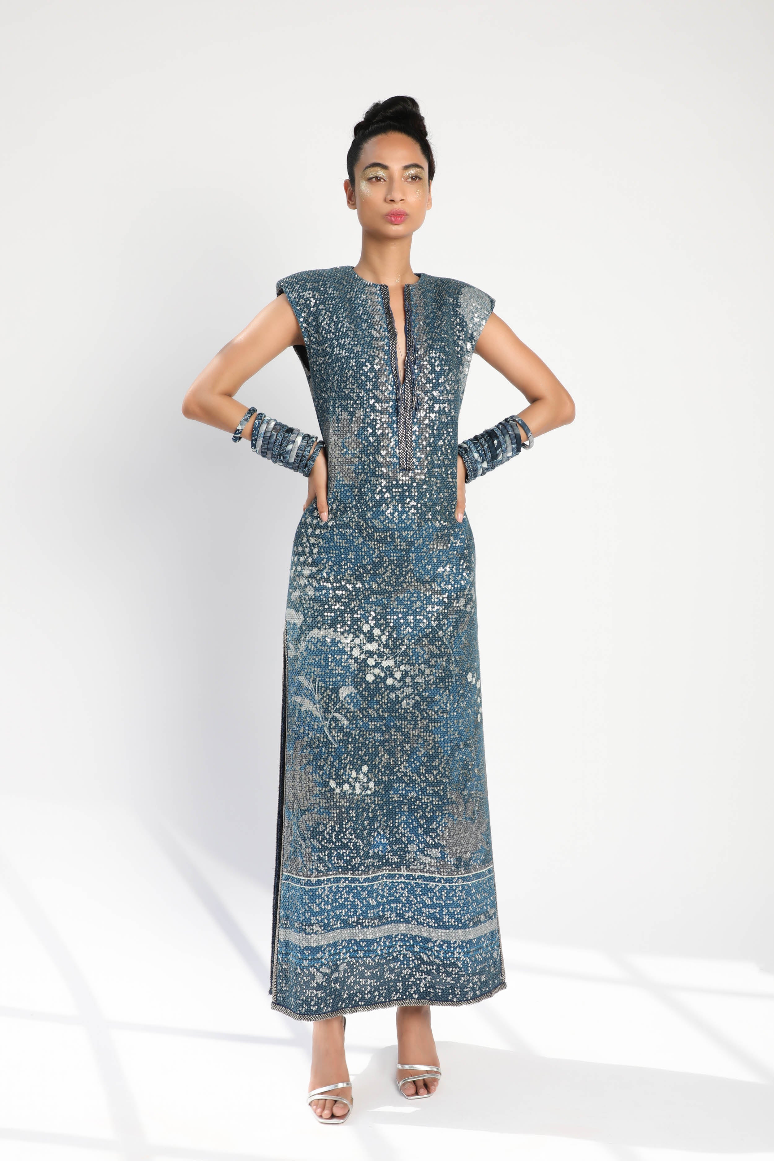 Indigo Blue Floral Print Side Slit Maxi Dress for Women | Elegant Summer Beach Party & Wedding Guest Outfit