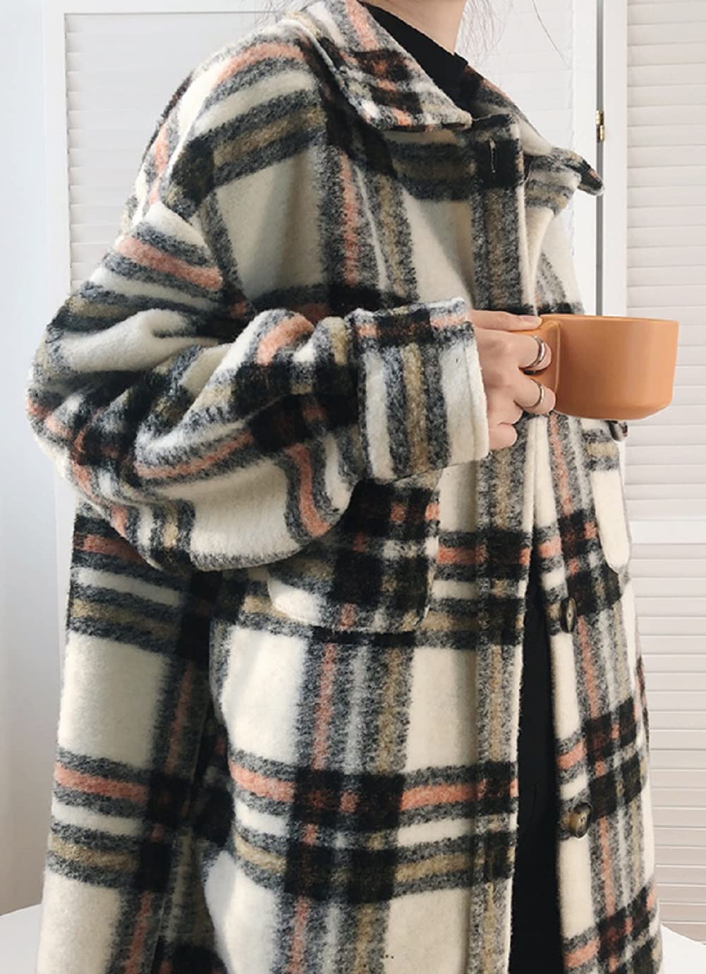 Loveimgs Women's Oversized Lapel Collar Wool Blend Plaid Long Shacket Jacket - Warm Winter Coat for Work, Travel & Casual Outfits