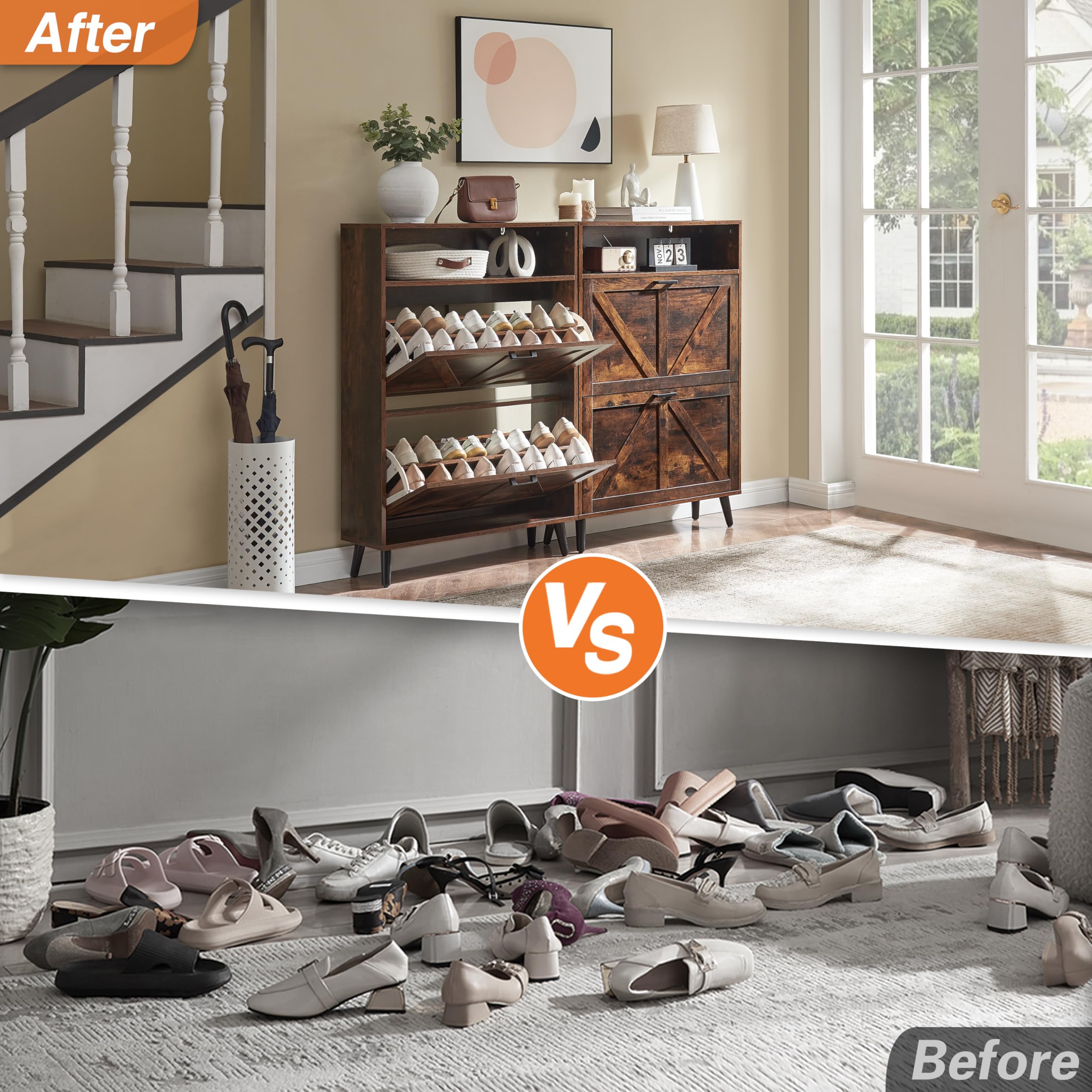 Farmhouse Shoe Storage Cabinet with 2 Flip Drawers - Entryway Shoe Organizer, Slim Freestanding Shoe Rack for 16 Pairs, Narrow Hallway & Living Room Storage Solution - Perfect for Small Spaces, Apartments and Clutter-Free Home Organization