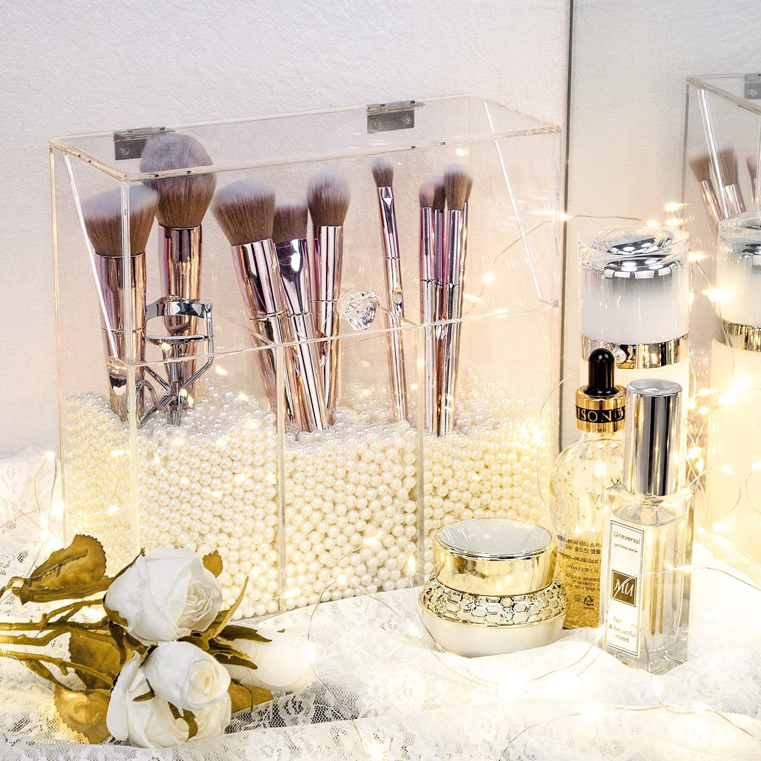 YestBuy Clear Acrylic Makeup Brush Holder with Pearls - Cosmetic Brush Organizer for Vanity, Bathroom & Bedroom Countertop Storage | Perfect for Makeup Artists & Beauty Enthusiasts