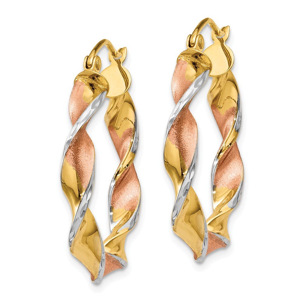 14K White, Yellow & Rose Gold Twisted Hoop Earrings for Women - Elegant Tri-Color Jewelry for Everyday Wear, Parties & Special Occasions