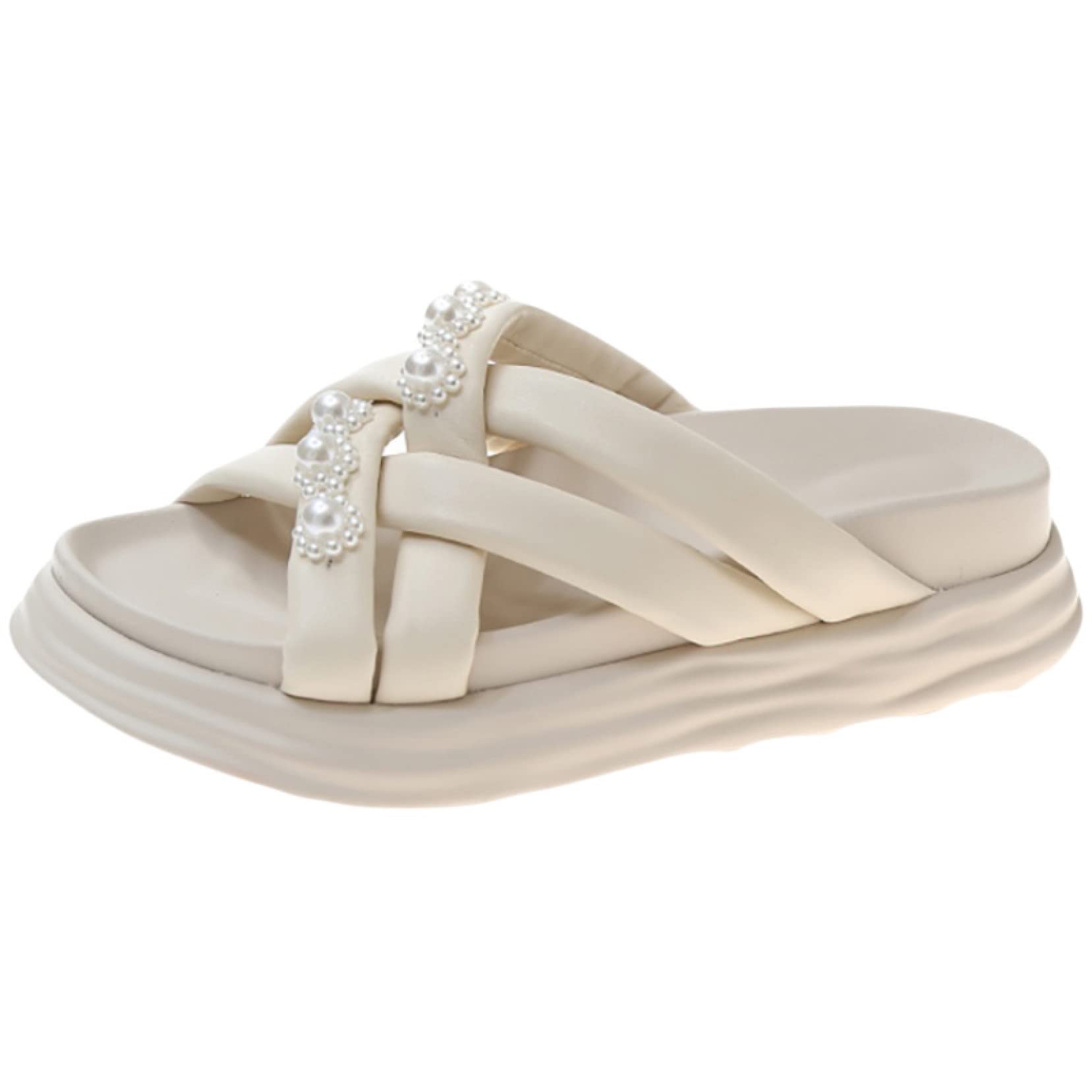 EBRICON Women's Platform Slide Sandals - Breathable Pearl Cross Leather Slip-On Open Toe Backless Slippers for Outdoor, Beach, Pool & Summer Wear