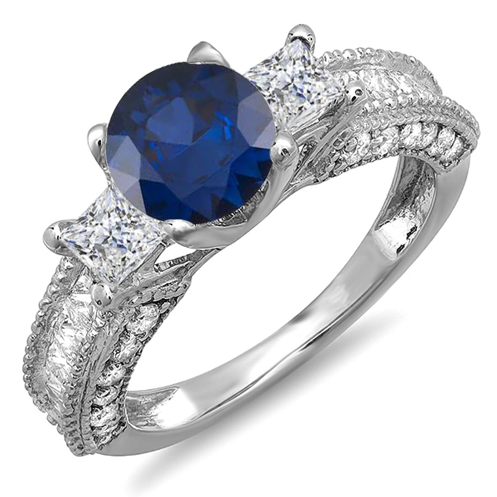 14K Solid White Gold Blue Sapphire & Diamond Women's 3 Stone Engagement Ring – Elegant Bridal Jewelry for Weddings, Anniversaries & Special Occasions