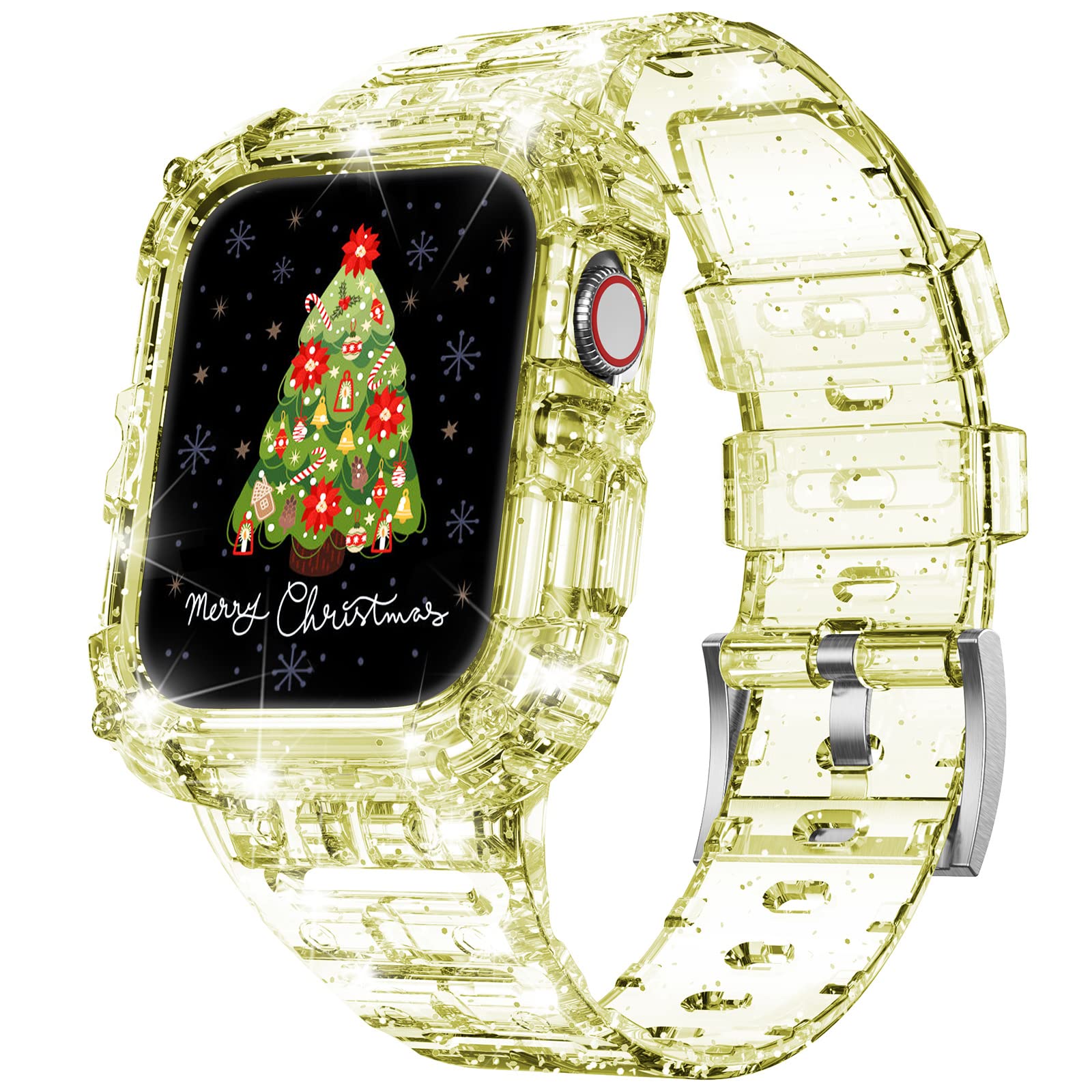 ABELTA Clear Crystal Sport Band with Bumper Case for Apple Watch 42mm 44mm 45mm - Durable Transprotective Band Compatible with iWatch Series 8/7/6/5/4/3/2/1/SE - Unisex Design in Glistening Gold | Perfect for Gym, Running & Everyday Wear