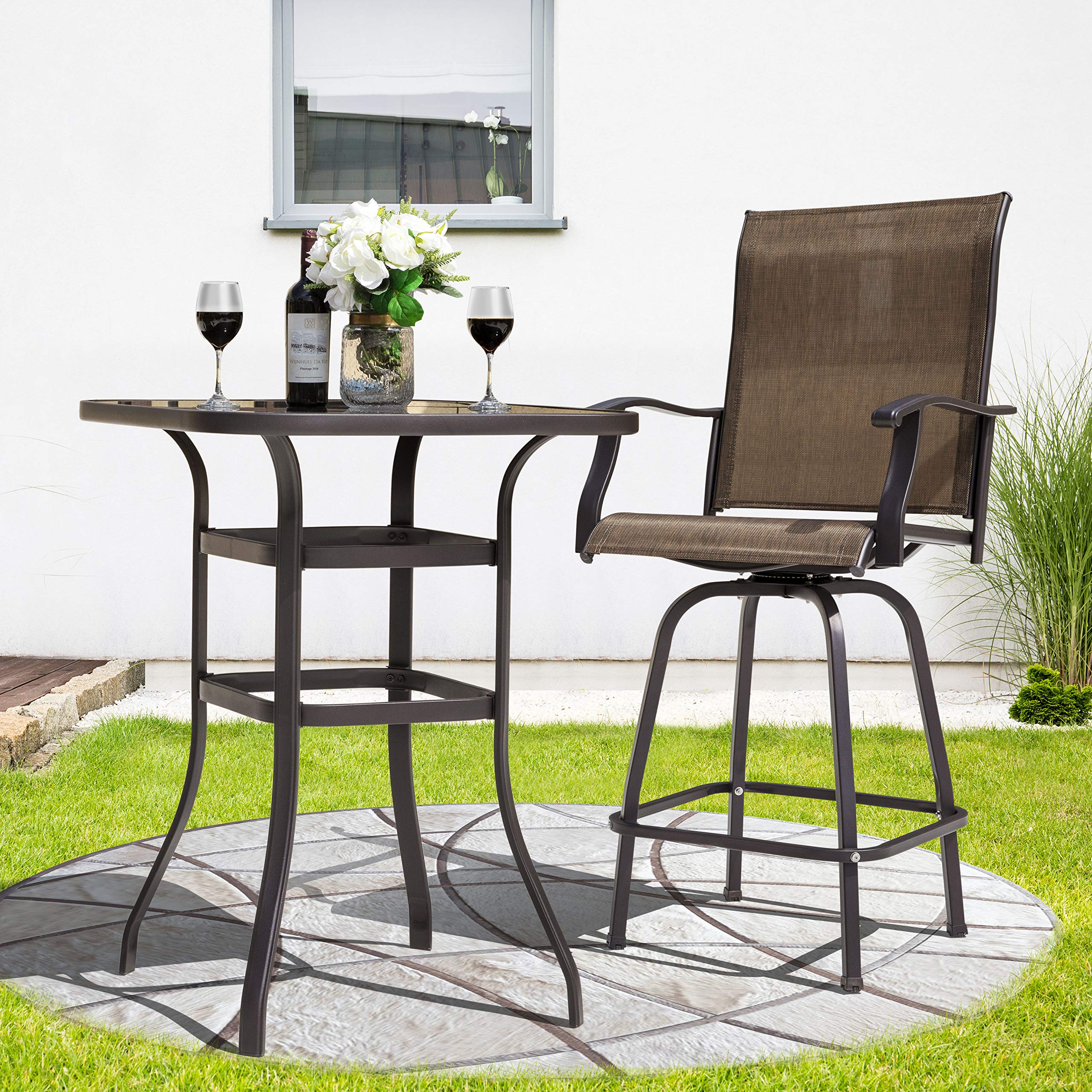 **NUU GARDEN 3-Piece Patio Bar Set - All-Weather Metal Textilene Swivel Bar Stools (Set of 2) & High-Top Glass Bar Table - Brown Outdoor Bistro Set for Patio, Deck, or Garden**    *(Perfect for backyard BBQs, poolside lounging, or outdoor entertaining!)*