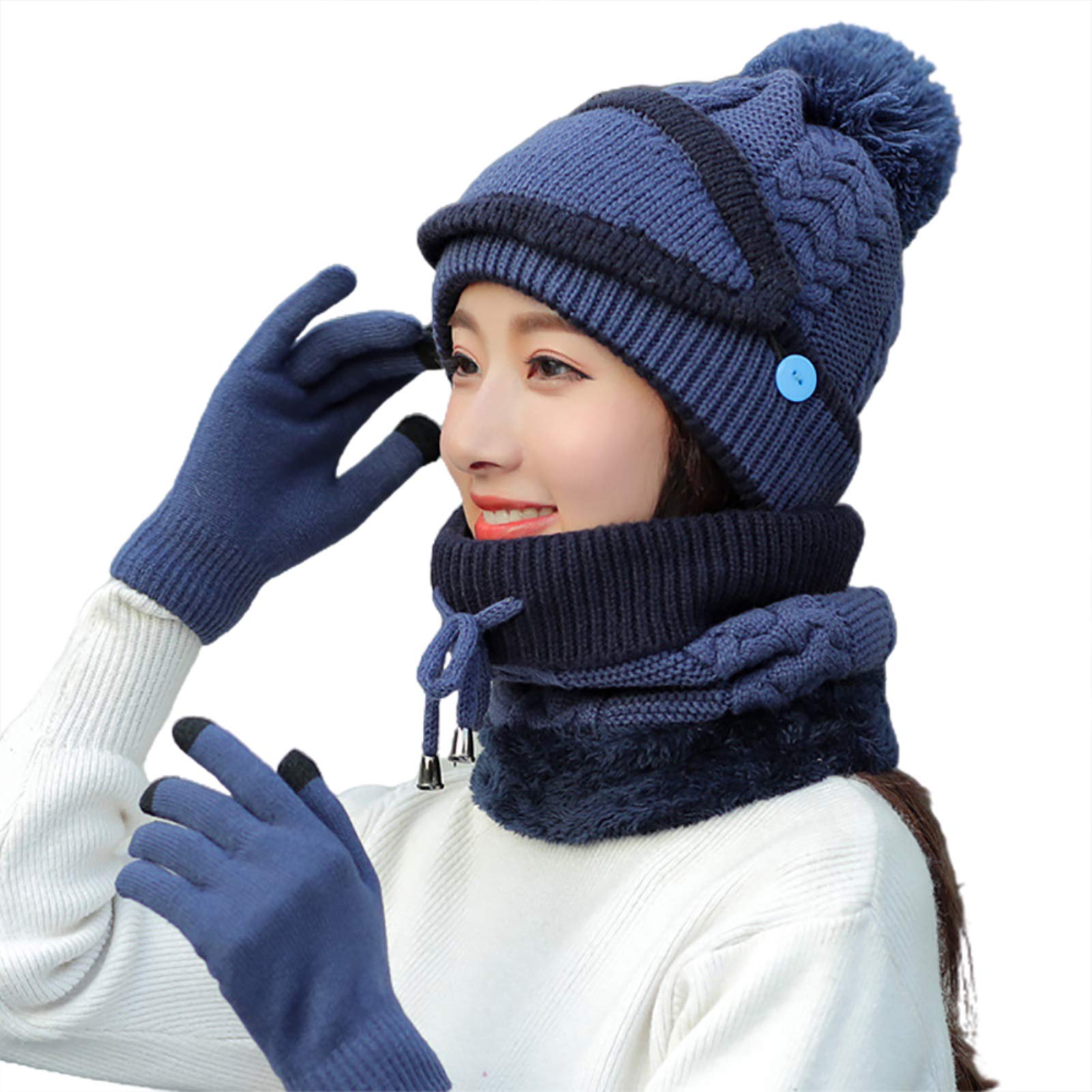 Newrys Women's Winter Knitted Beanie Hat with Face Cover & Neck Scarf Gloves Set - Warm 3-Piece Accessories for Outdoor Activities in Navy Blue | Perfect for Skiing, Snowboarding, and Cold Weather Fashion