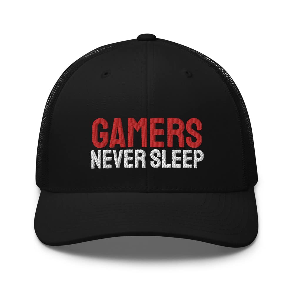 Gamers Never Sleep Adjustable Cotton Gaming Trucker Cap - Perfect for Esports, Streaming & Casual Wear