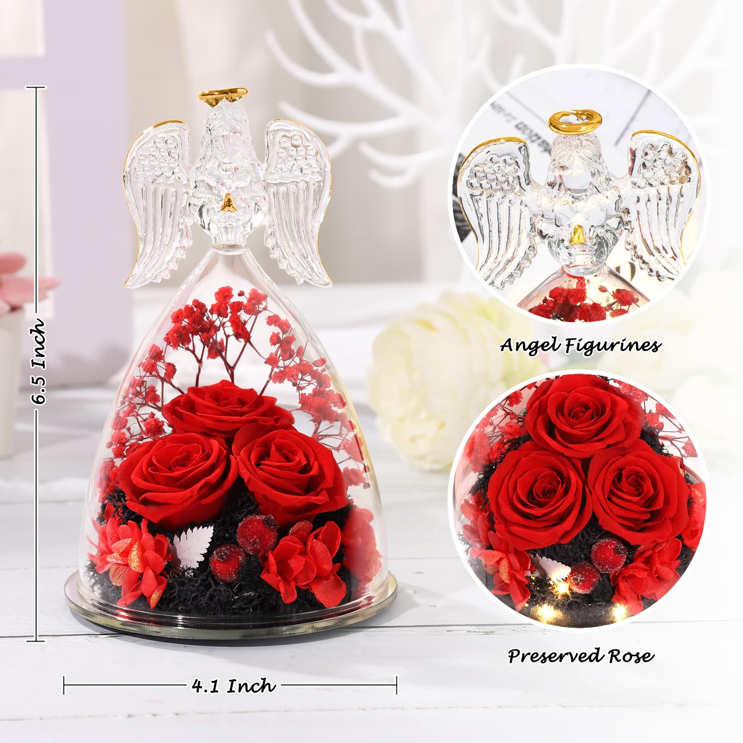 ANWEAO Preserved Rose Gifts with LED Angel Figurines - Perfect Mother's Day, Birthday, Anniversary Gifts for Women, Mom, Grandma, Wife - Romantic Home Decor & Keepsake for Special Occasions