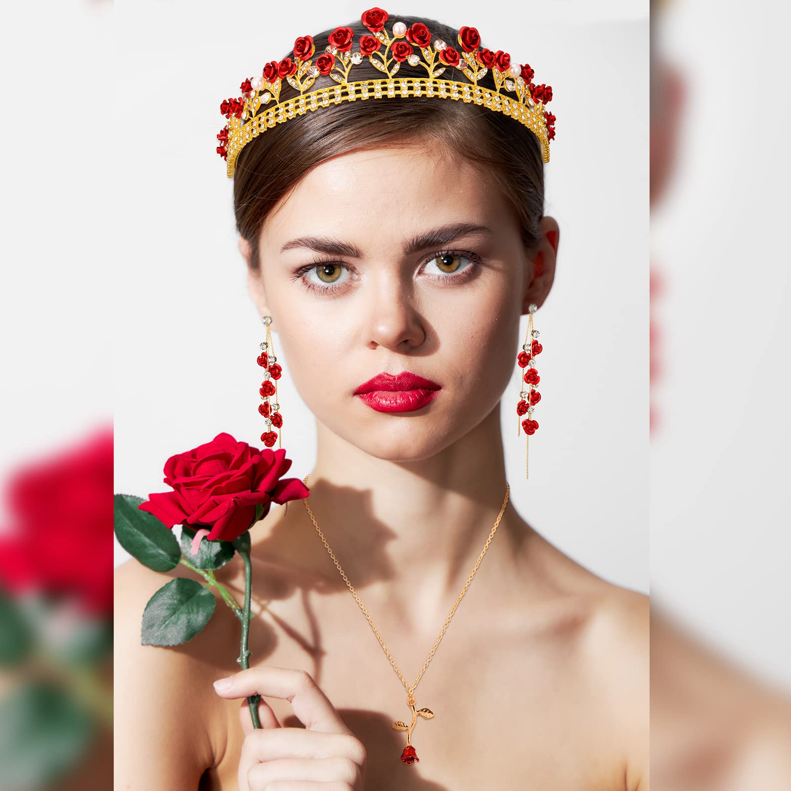 Sureio Bridal Wedding Queen Crown & Rose Jewelry Set - Red Rose Tiara, Long Necklace, Dangle Earrings for Women | Perfect for Wedding, Engagement, Halloween, Birthday Party & Special Occasions