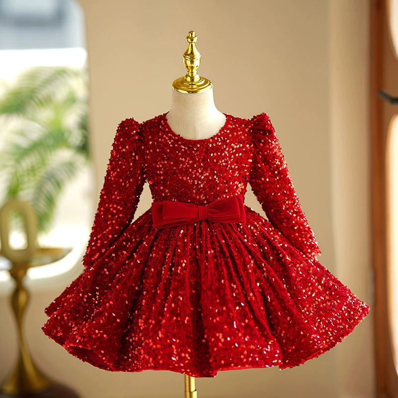 Red Princess Round Tea Length Sequined Flower Girl Dress for Weddings, Pageants & Special Occasions - Elegant & Sparkly Formal Attire