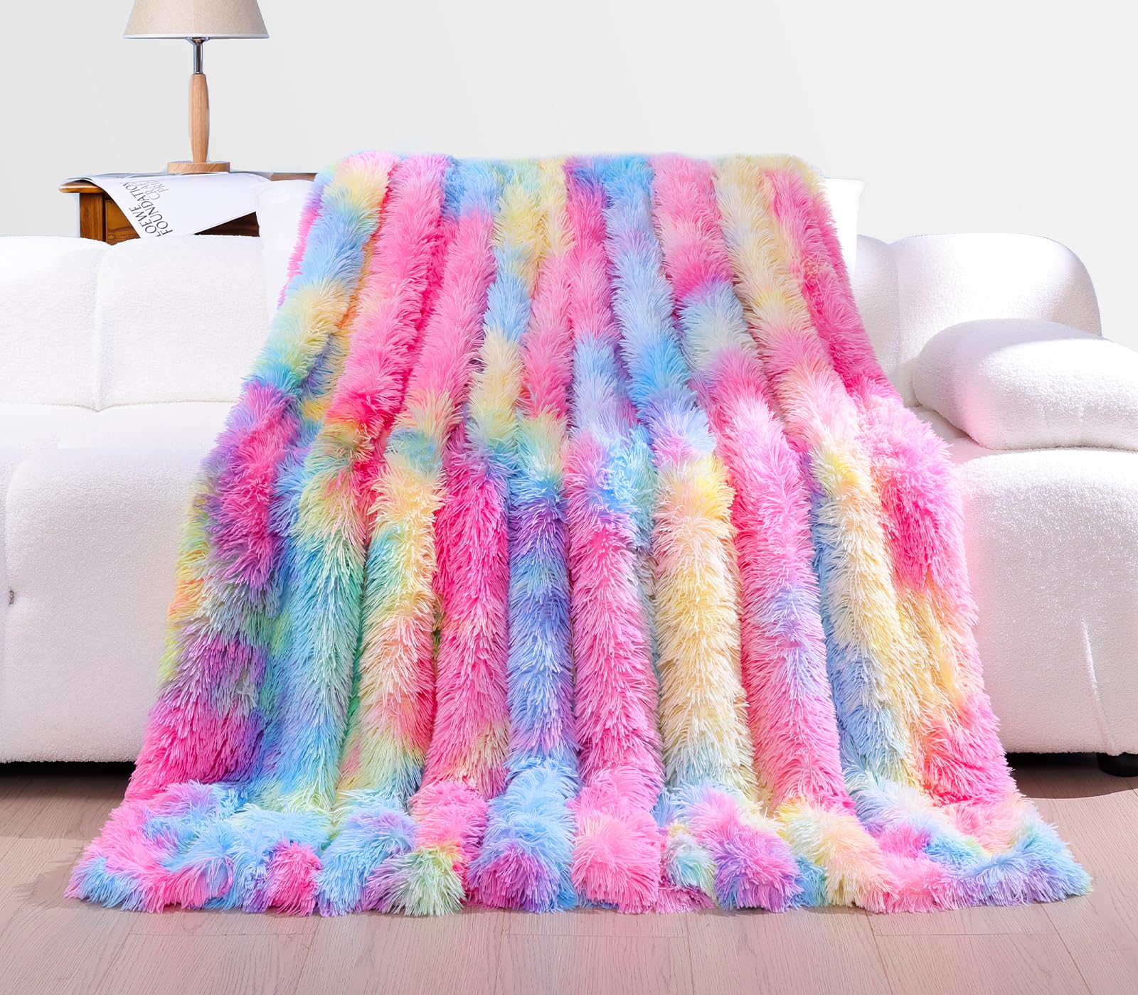 Rainbow Faux Fur Blanket Queen Size - Reversible Fluffy Plush Throw for Bed, Couch & Sofa - Soft Cozy Shaggy Tie Dye Decorative Blanket for Winter Nights, Movie Time & Home Decor