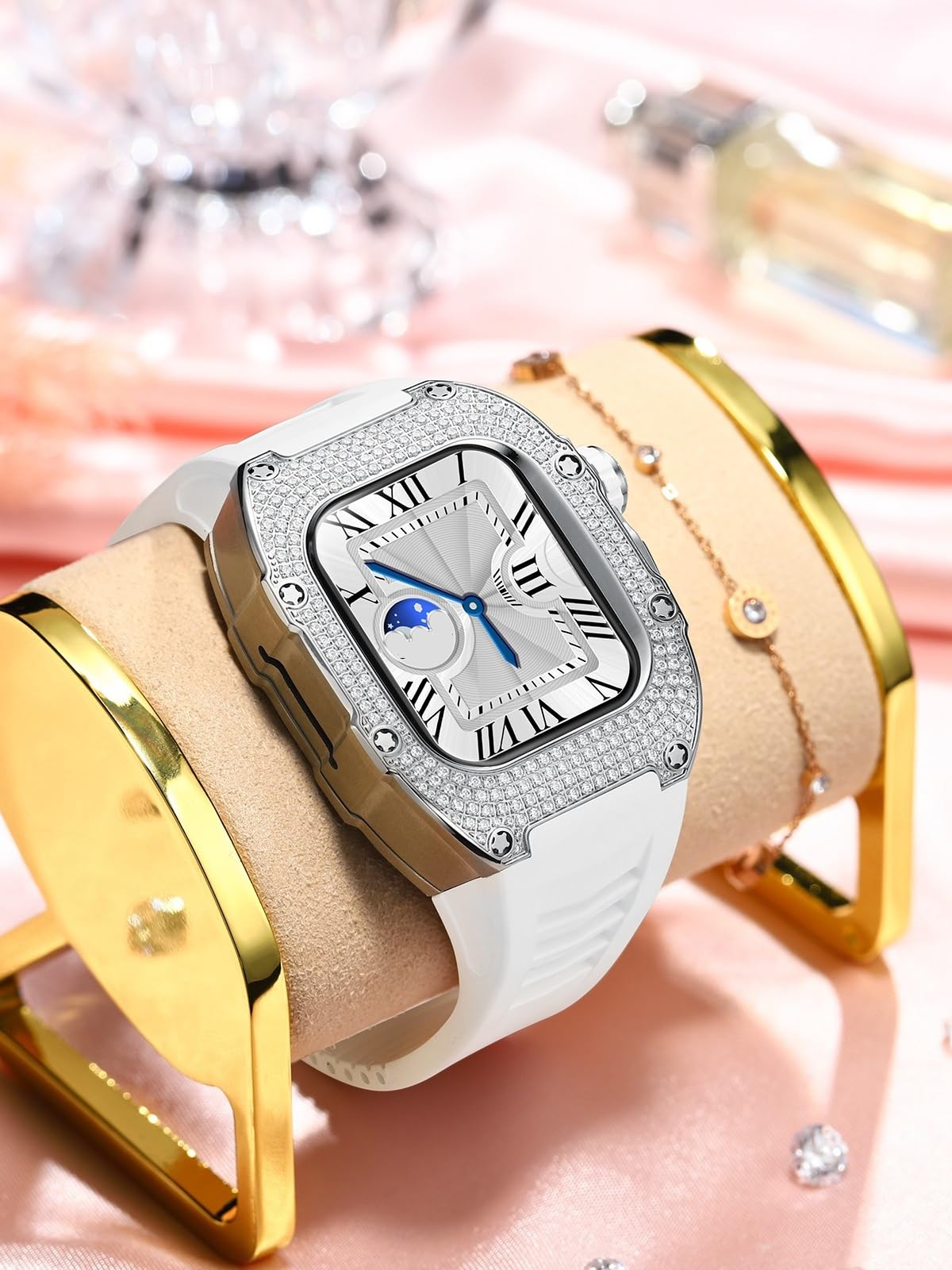 Premium Titanium Alloy Case & Diamond Bezel Apple Watch Band for Women - Compatible with Series 8/7/6/5/4/3 (41mm/40mm) - Luxury Fluoroelastomer Strap with Stainless Steel Clasp - Perfect for Workouts, Office Wear & Special Occasions