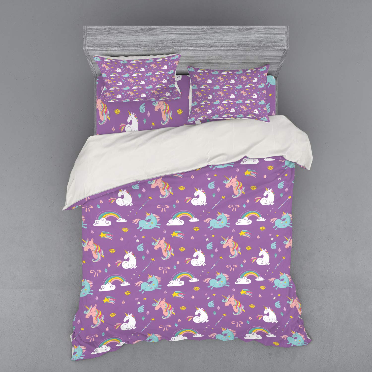 Ambesonne Unicorn & Rainbow Diamond Wand 3-Piece Queen Duvet Cover Set with Sham & Fitted Sheet - Fantasy Bedding for Girls Room, Kids Bedroom Decor, Teen Gift Idea